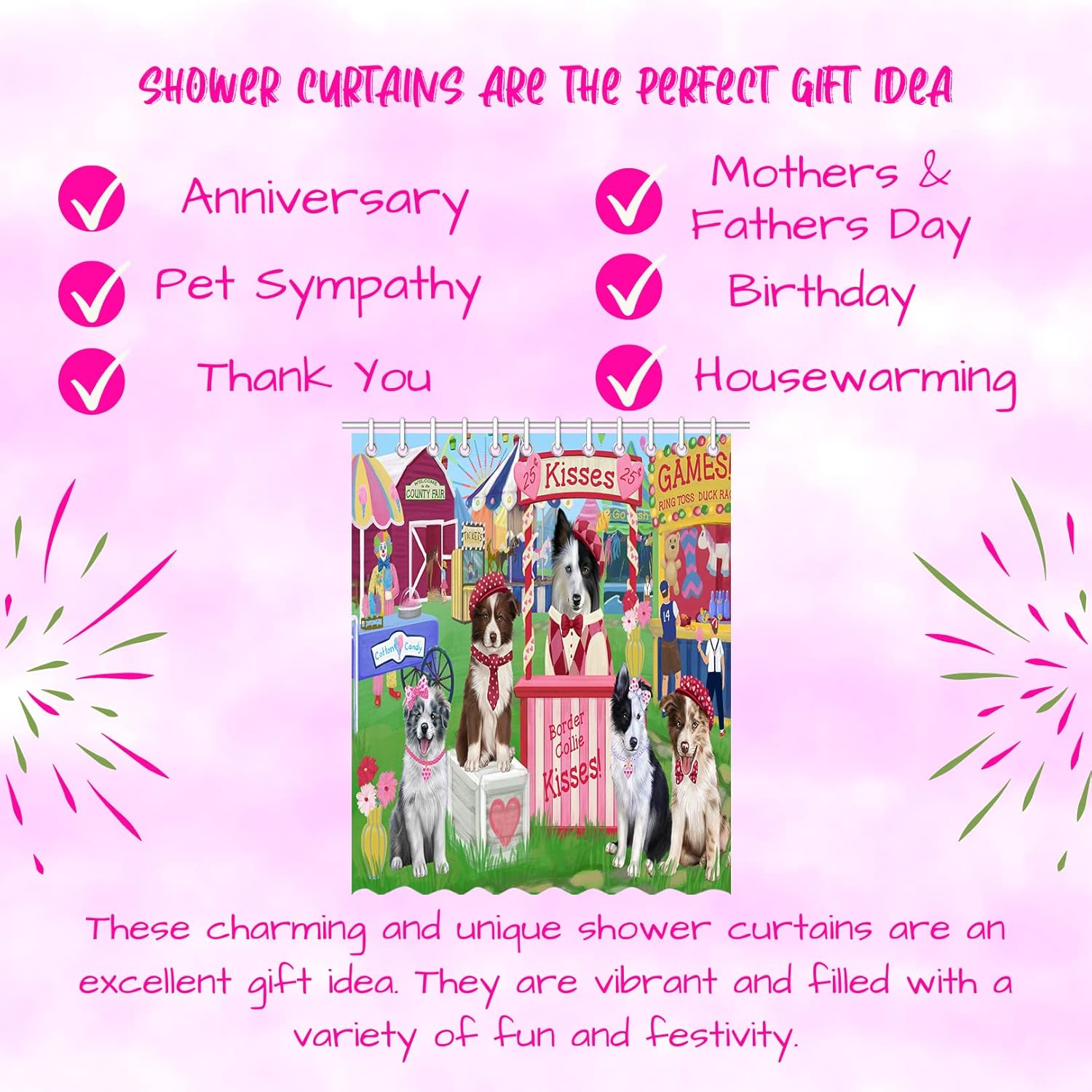 Carnival Kissing Booth Border Collie Dogs Shower Curtain - Waterproof Polyester One-Side Printing Pet Bathtub Curtain Decor Curtain for Bathroom with Hooks, (36"x72")