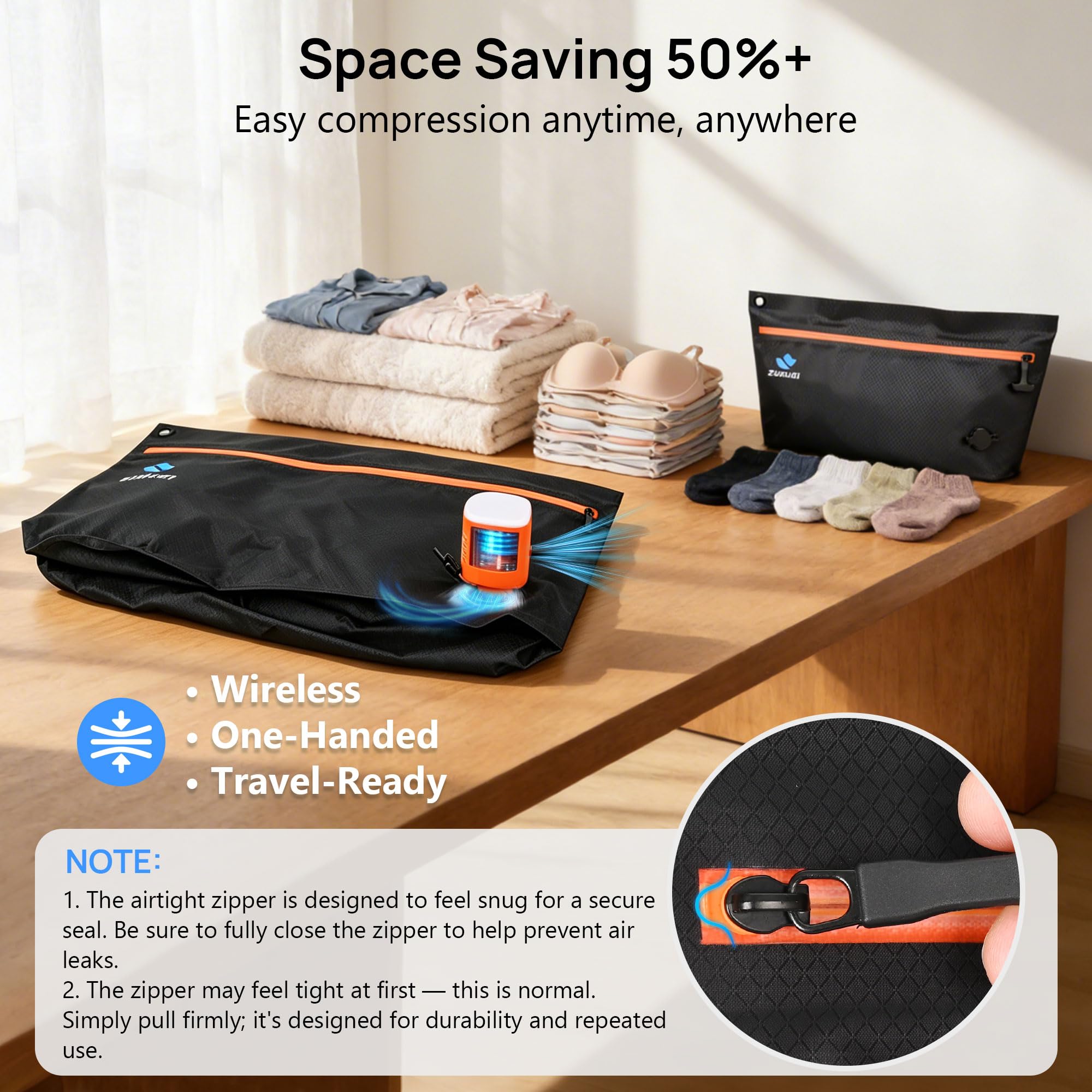 Zurligi Kit de 3 Sacs Sous Vide de Voyage avec Pompe, Vêtements et Lingerie (Noir,3)