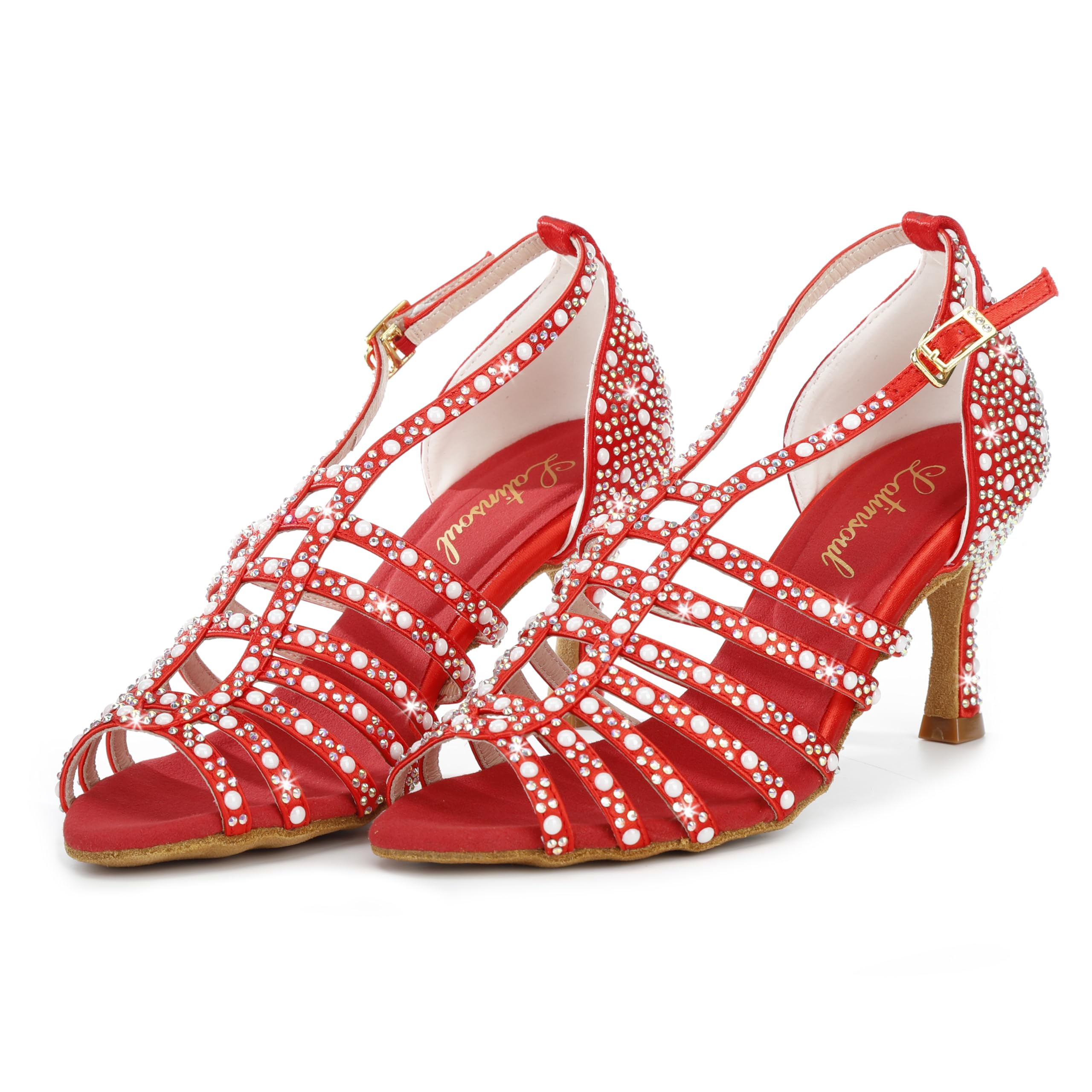 Latinsoul Y205-32 Damskie eleganckie buty do tańca latynoamerykańskiego z kryształkami wysokie obcasy wygodne sandały z regulowanym paskiem na kostkę do tańca towarzyskieg