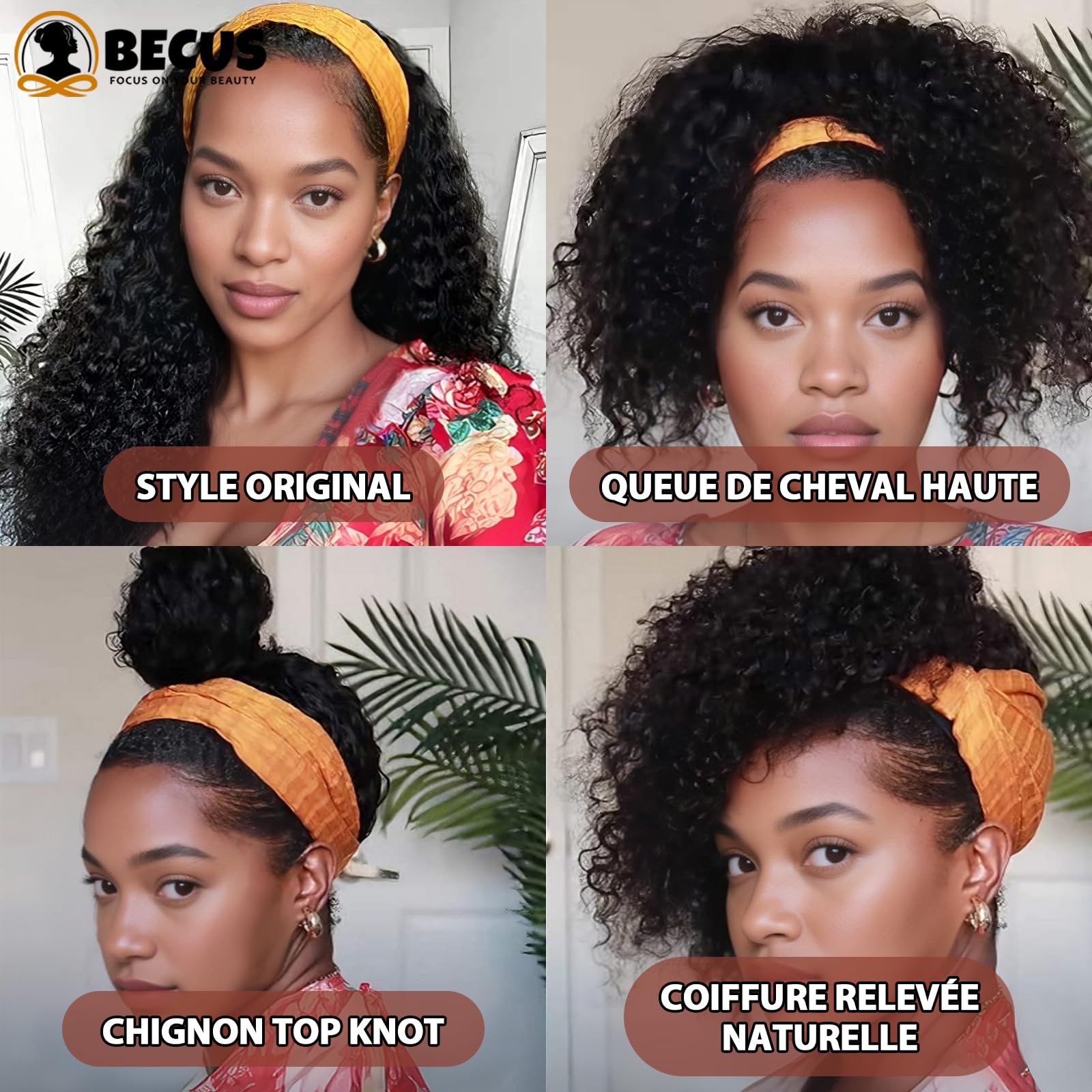 BECUS Perruque Bandeau Femme Bouclée Noire Naturelle 18 Pouces, Headband Wig Demi-Tête Sans Colle avec Bandeau, Aspect Naturel, Prête à Porter pour Usage Quotidien, Fêtes, Soirées et Débutantes