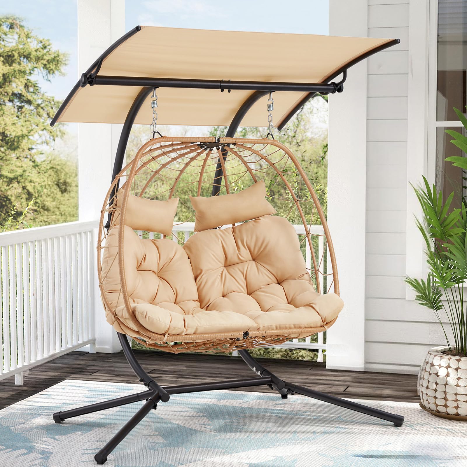 YOLENY Double Egg Chair with Adjustable Canopy, Oversized Hanging Swing Chair, Hammock Chair with Cushion Basket Hammock Nest Chair, Swinging Love seat for Outdoor Patio, Balcony, Garden