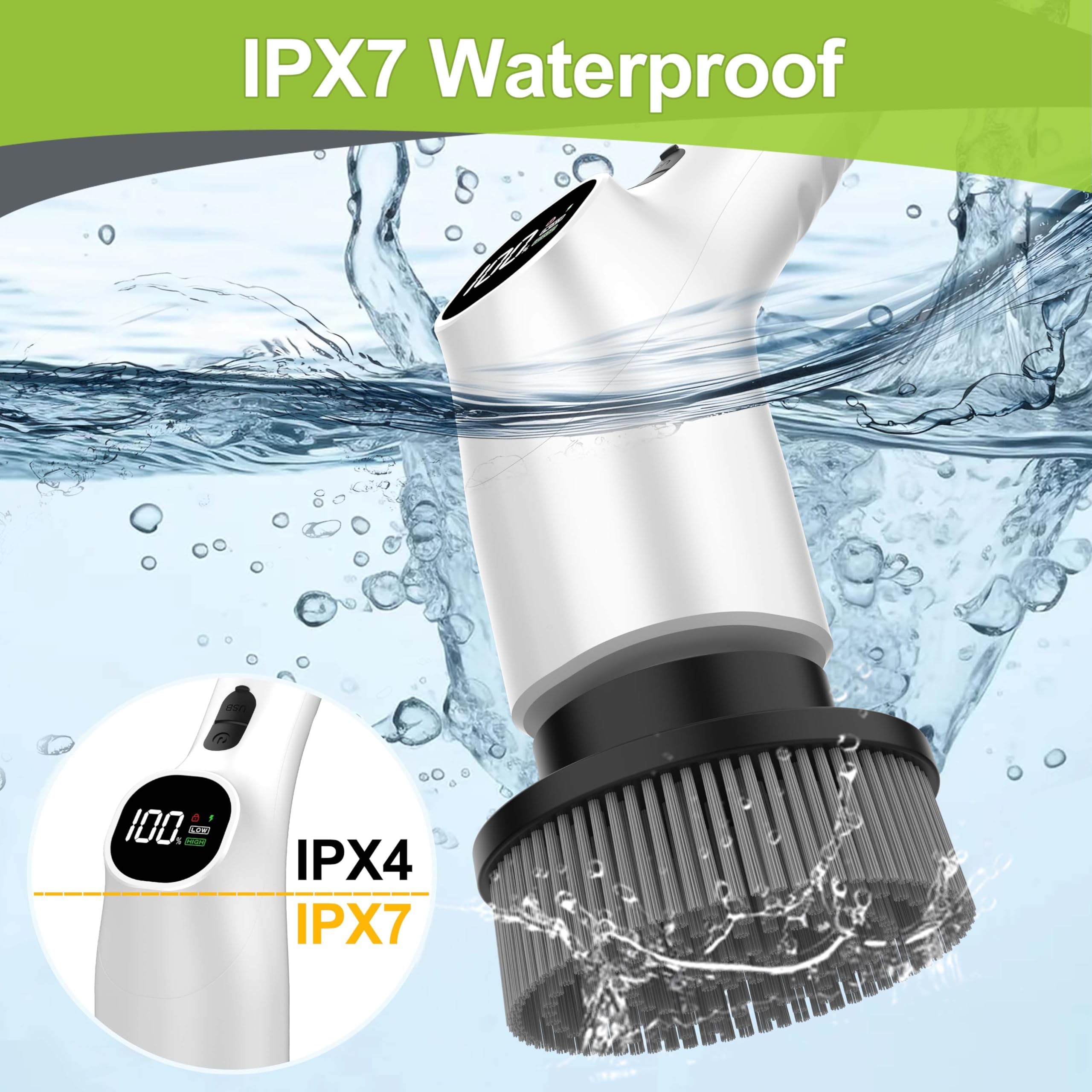 WKY - Brosse de douche électrique sans fil 10 en 1 avec poignée extensible, couple ultra élevé de 4,75 N·m, 2 vitesses, IPX7, écran LED, puce intelligente AI, pour salle de bain, cuisine
