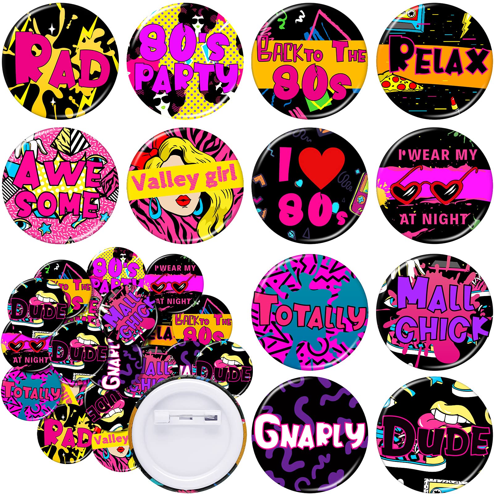 48 Pieces The 80’s Party Buttons for Backpacks Pins 1980's Theme Gnarly Rad Dude Wearable Accessories for Jean Jackets Buttons Pins Slogans Sayings Pin Lapel Pin for Clothes Jeans, 12 Styles