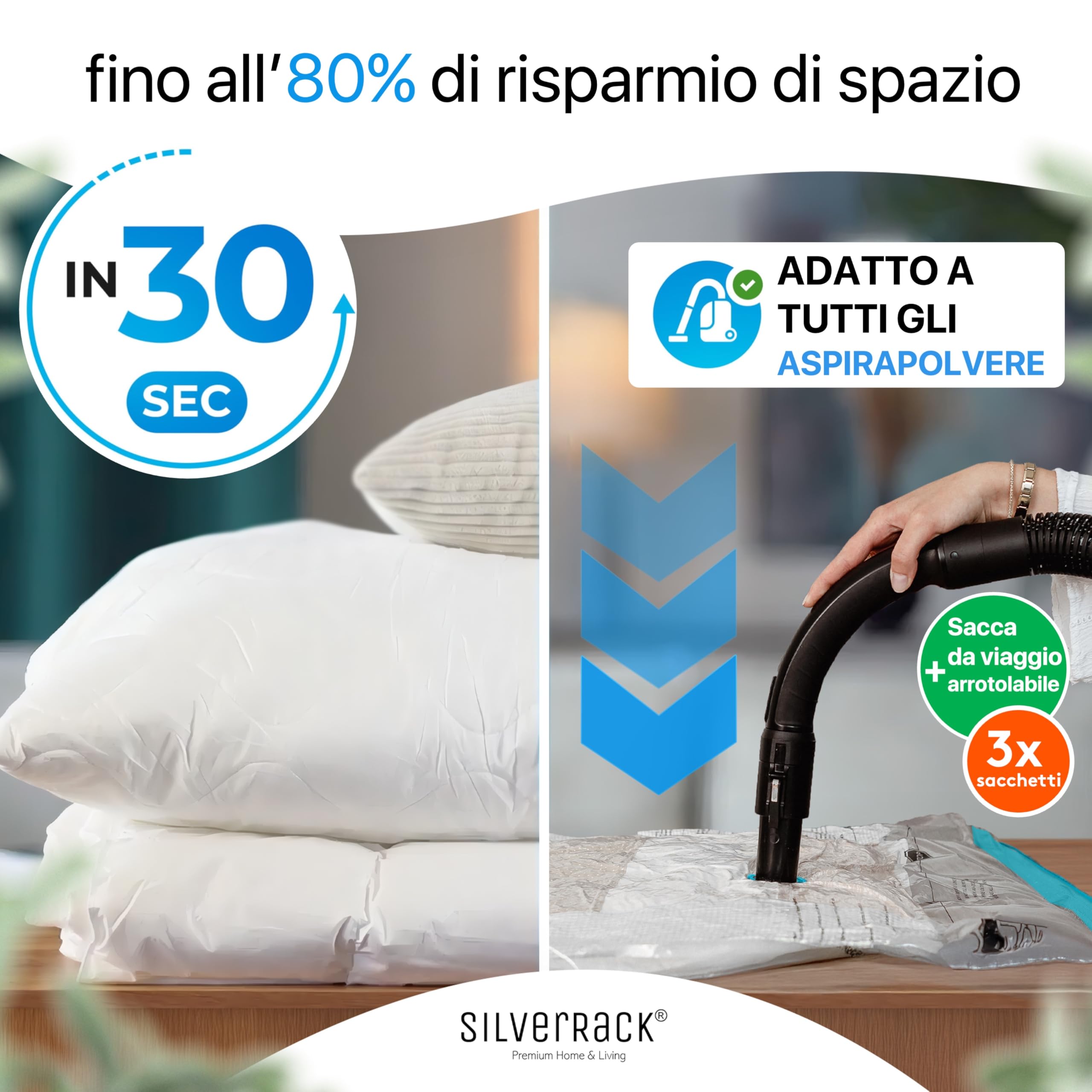 SilverRack XL Jumbo Sacchetti per Sottovuoto per Abbigliamento, Viaggi e Piumini [15 Pezzi] - INCLUSA POMPETTA e ETICHETTE in (3 da 40 x 60 cm (Rotolamento da Viaggio) / 3 da 40 x 60 cm / 3 da 50 x 70