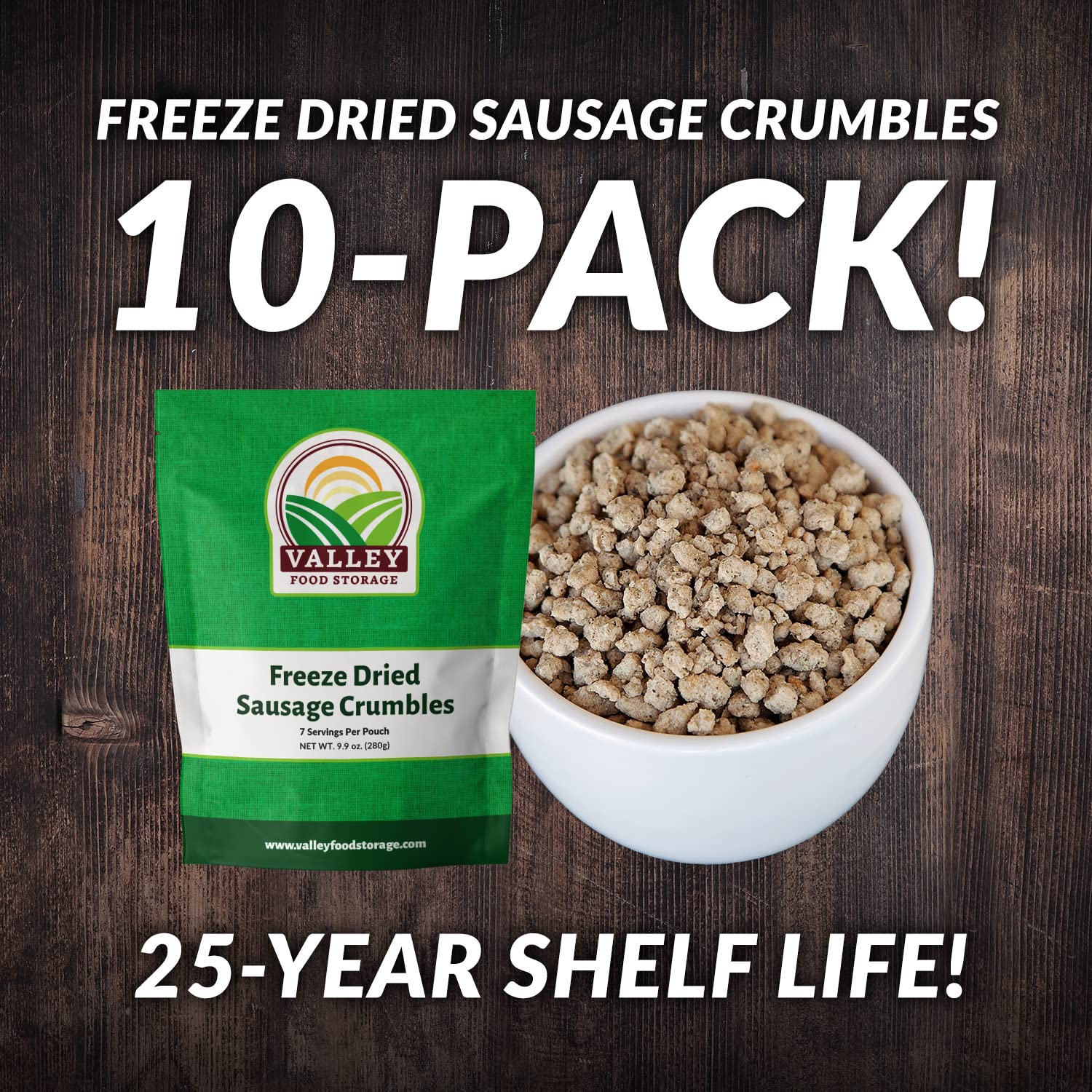 Freeze Dried Sausage Crumbles 10-Bag Bucket, 85 Oz | Premium Emergency Food Supply 25 Year Shelf Life | Prepper Supplies, Survival Food, Off Grid Living Supplies | Valley Food Storage Packaged in USA
