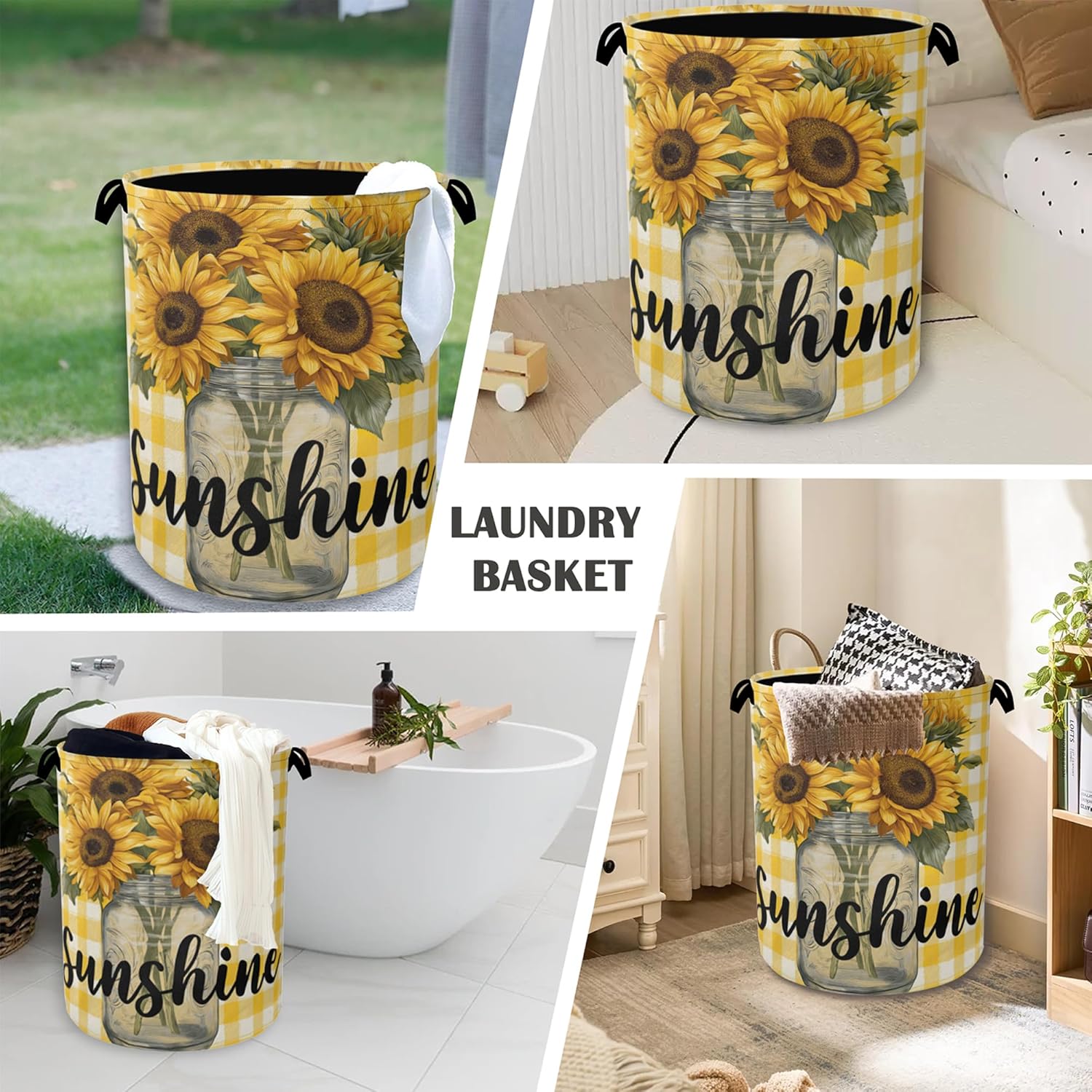 Retro Sunflowers Laundry Hamper,Sunshine Dirty Clothes Laundry Basket with Handles Waterproof Oxford Cloth Storage Basket for College Dorms Bathroom Bedroom 16" x 20.8"