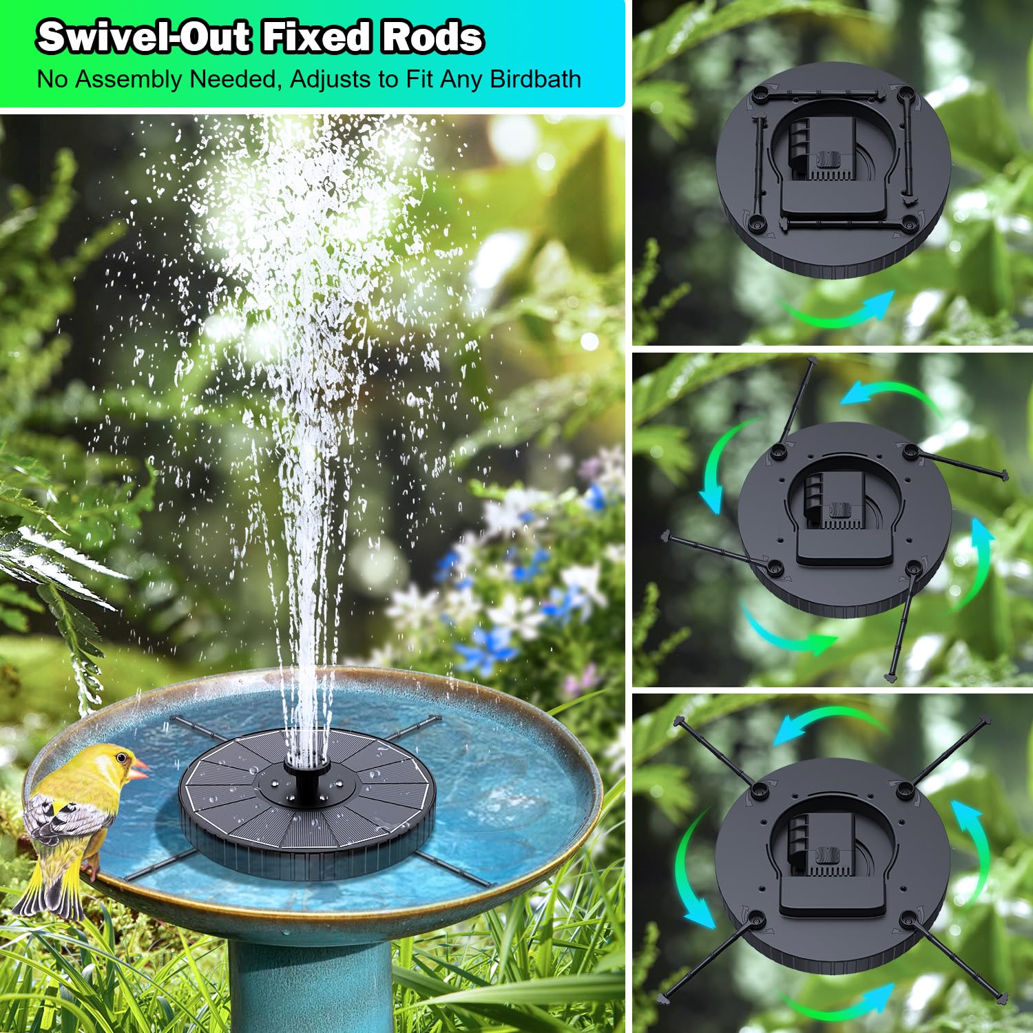 SZMP Solar Fountain Colorful LED, 3-Level Water Spray Height Adjustment, Rotating Rods Glass Bird Bath Fountains, 2000mAh Battery, 7 Nozzles Floating Solar Water Fountain for Garden, Pool (Black) - 4