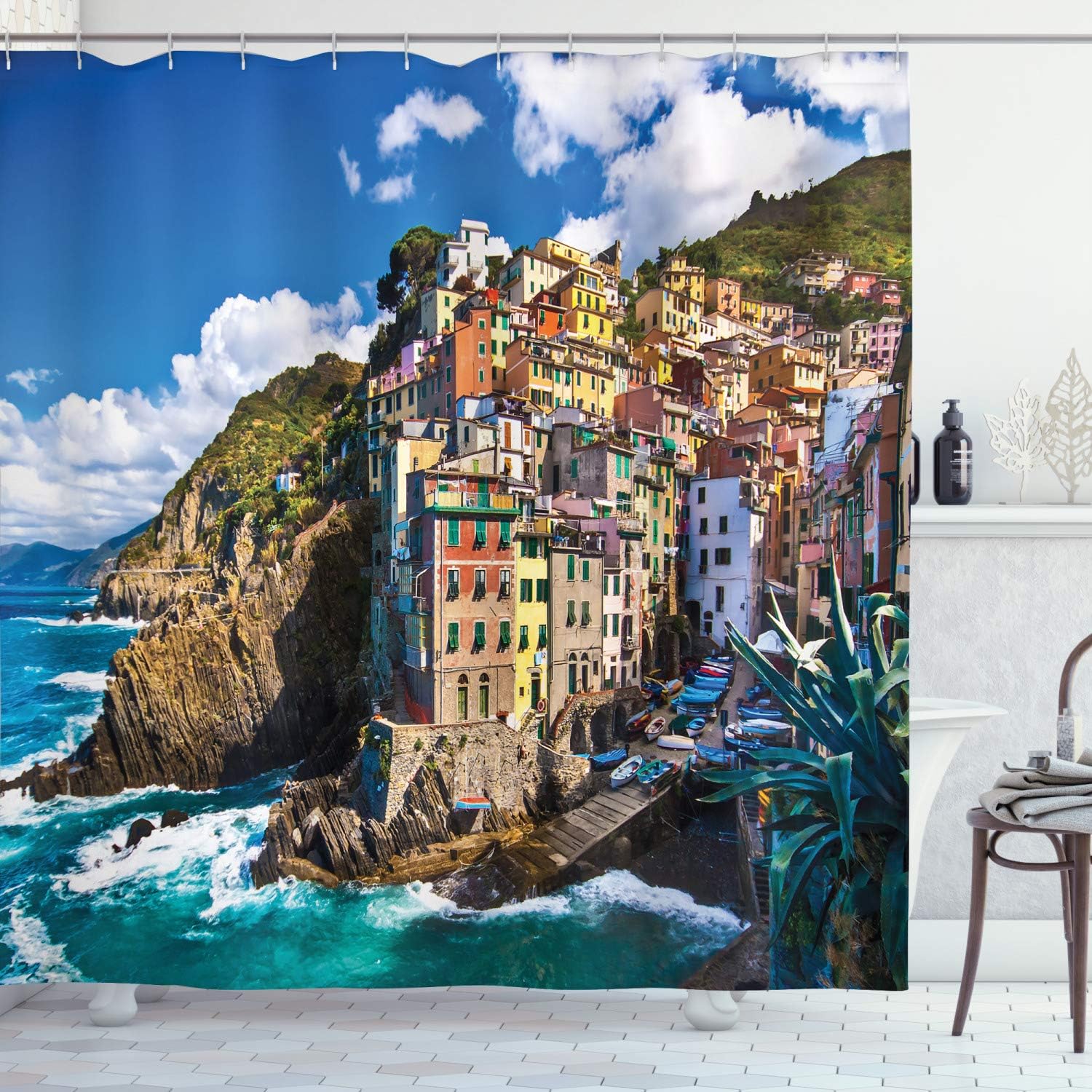 Ambesonne Farm House Decor Shower Curtain, Italian Mediterranean House by Cliffs Dramatic Weather Sea Cinque Terre Print, Fabric Bathroom Decor Set with Hooks, 70 Inches, Multi