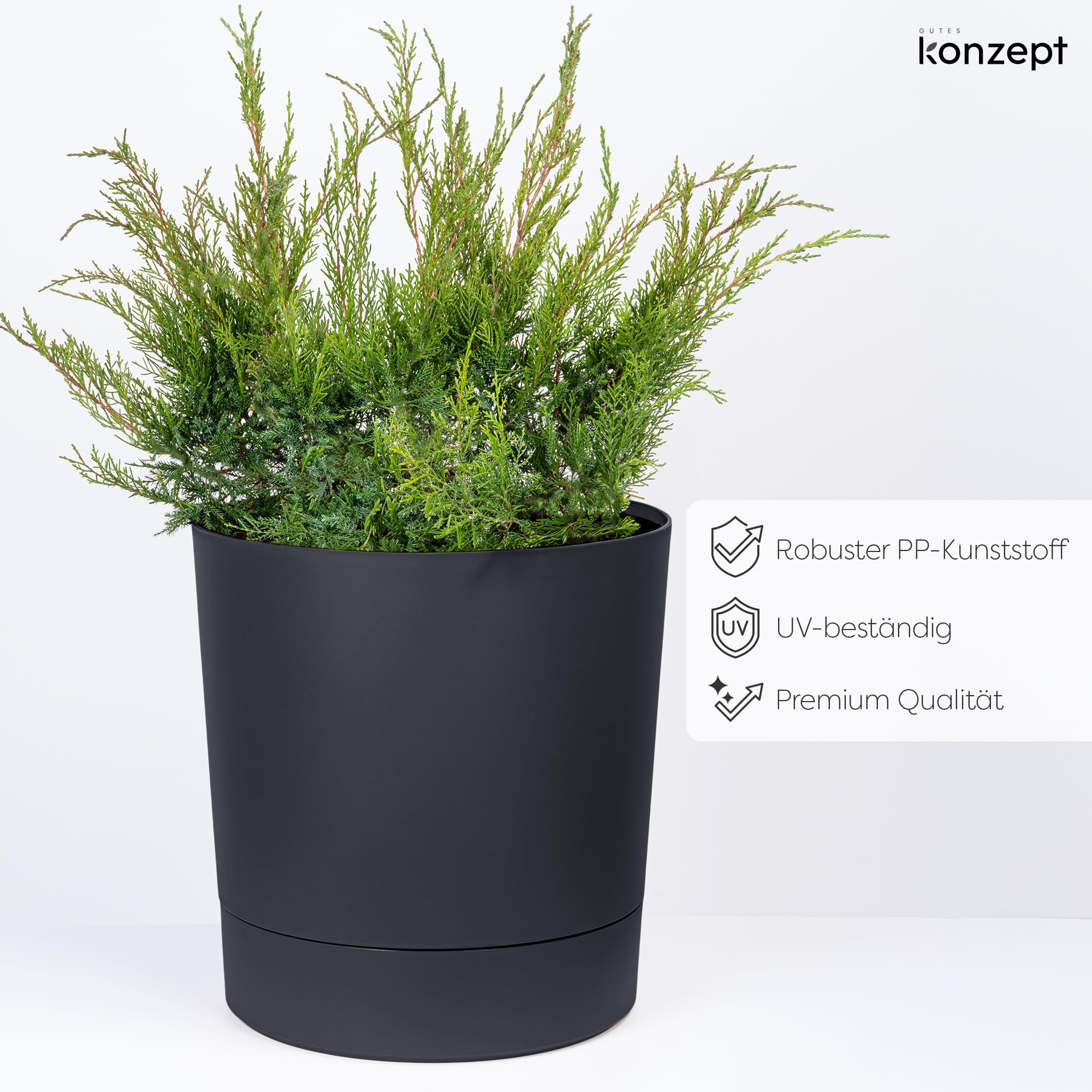 KONZEPT Blumentopf mit Untersetzer 38 cm - großer Übertopf aus Kunststoff für Zimmerpflanzen, modern und wetterfest, für Innen und Außen, Anthrazit