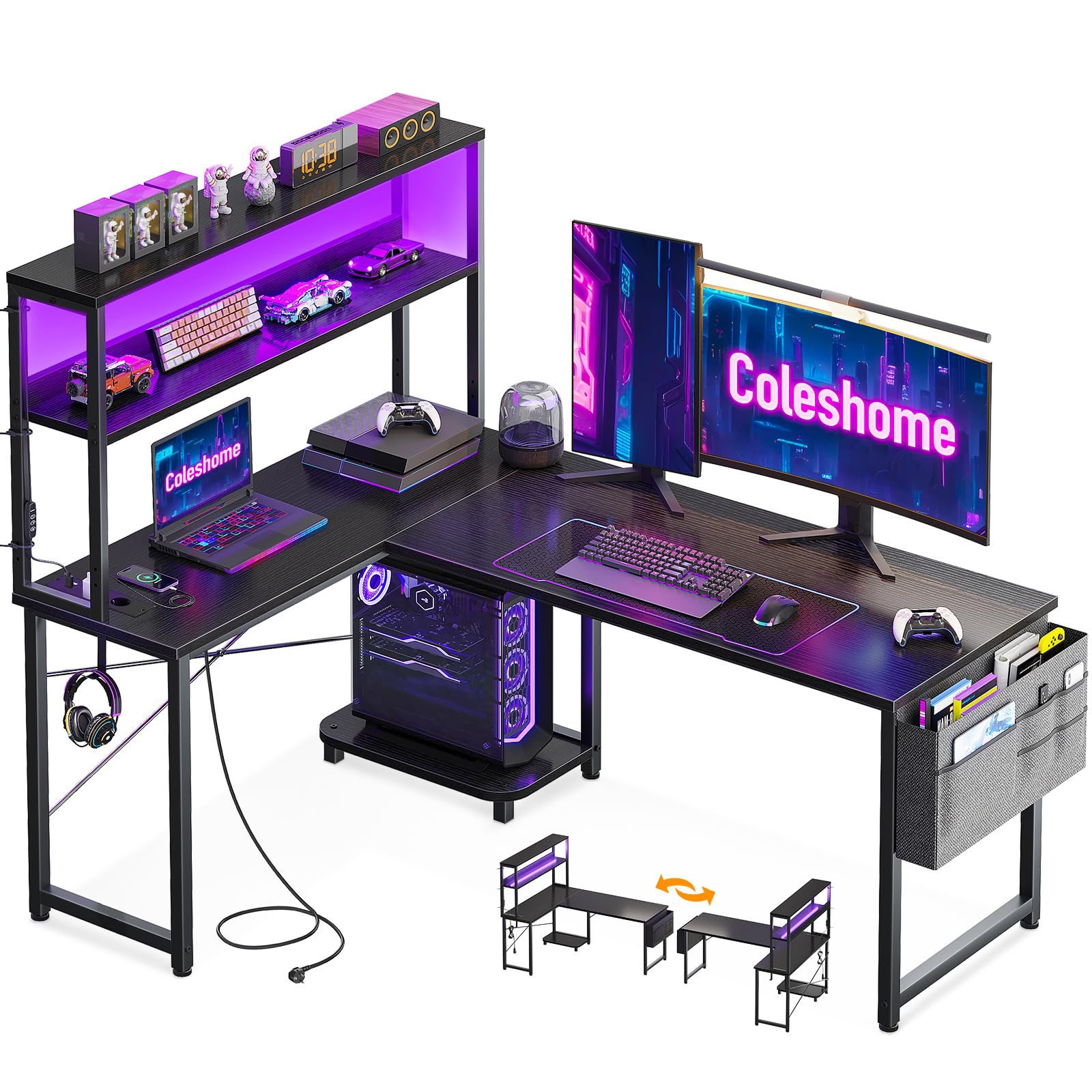 Coleshome Scrivania Gaming con LED e Prese, 135 × 100 cm Scrivania Gaming Angolare Reversibile con Scaffali Portaoggetti, Scrivania Angolare con Borsa Portaoggetti per Giocatori, Nero