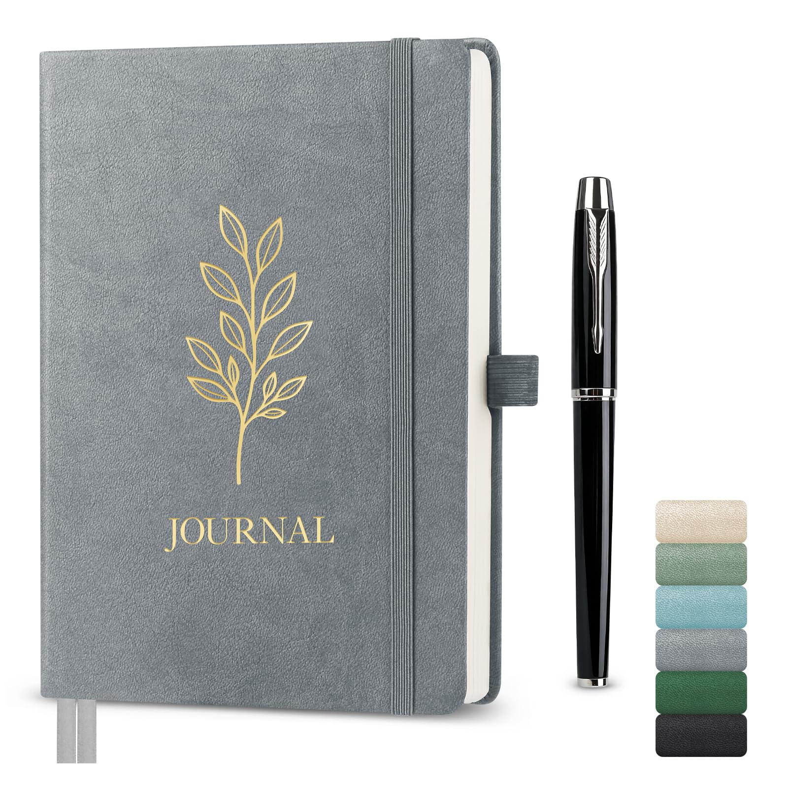Traimber-seven A5 Lined Journal Notebook, Hardcover Vegan Leather Notebook with Gold Olive Leaf Embossing, 192 Pages 100gsm FSC Paper, Elastic Closure & Pen Holder (Stone Grey)