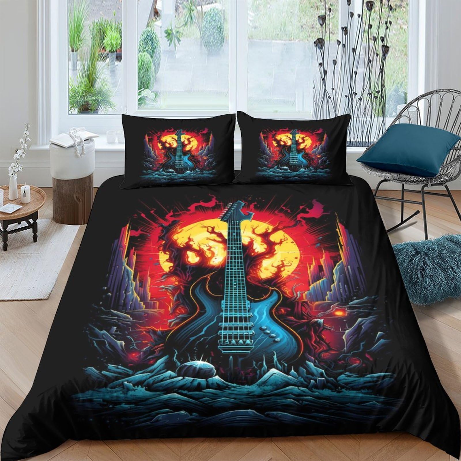 Ctjqhvkz Style-2 3D Printed Fire Guitar Fitted Sheet Microfiber Soft Black Red Fantasy Skull Mattress Cover For Bedroom Dorm Decor Single（135X200cm）