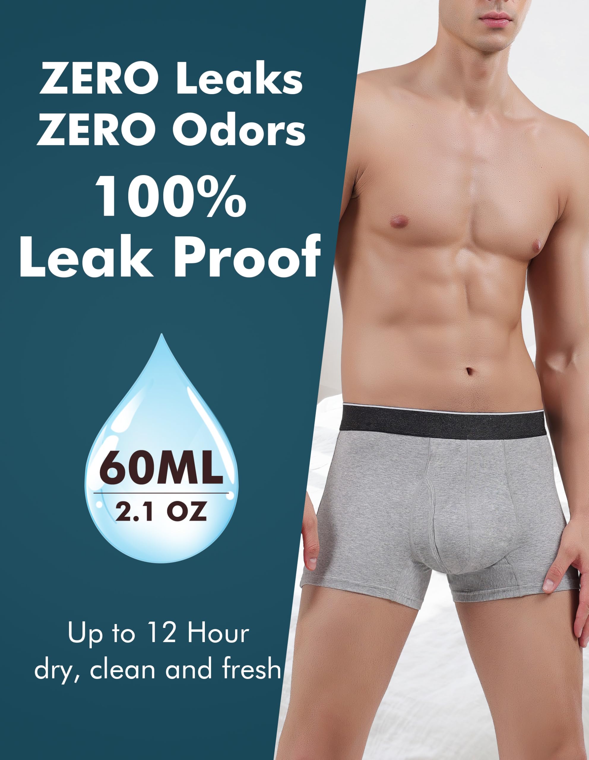 AIRCUTE Calzoncillos tipo bóxer para incontinencia de orina para hombre, apertura frontal, absorbente, a prueba de fugas, 60 ml, paquete de 3
