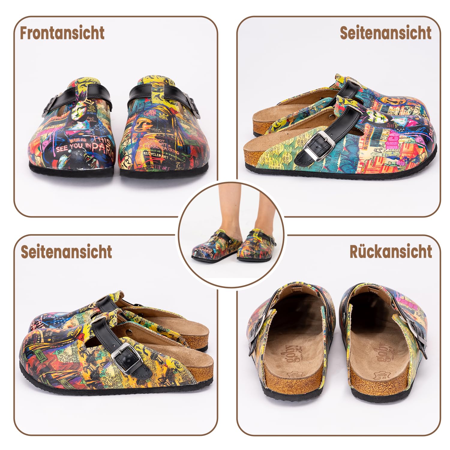 GOBY Clogs Hausschuhe Damen | Handgefertigte Premium Clogs mit Buntem Print – Bequeme & leichte Pantoletten Damen aus hochwertigem Imitationsleder mit Eva-Sohle [ Test SEHR GUT, Note 1.1 *]
