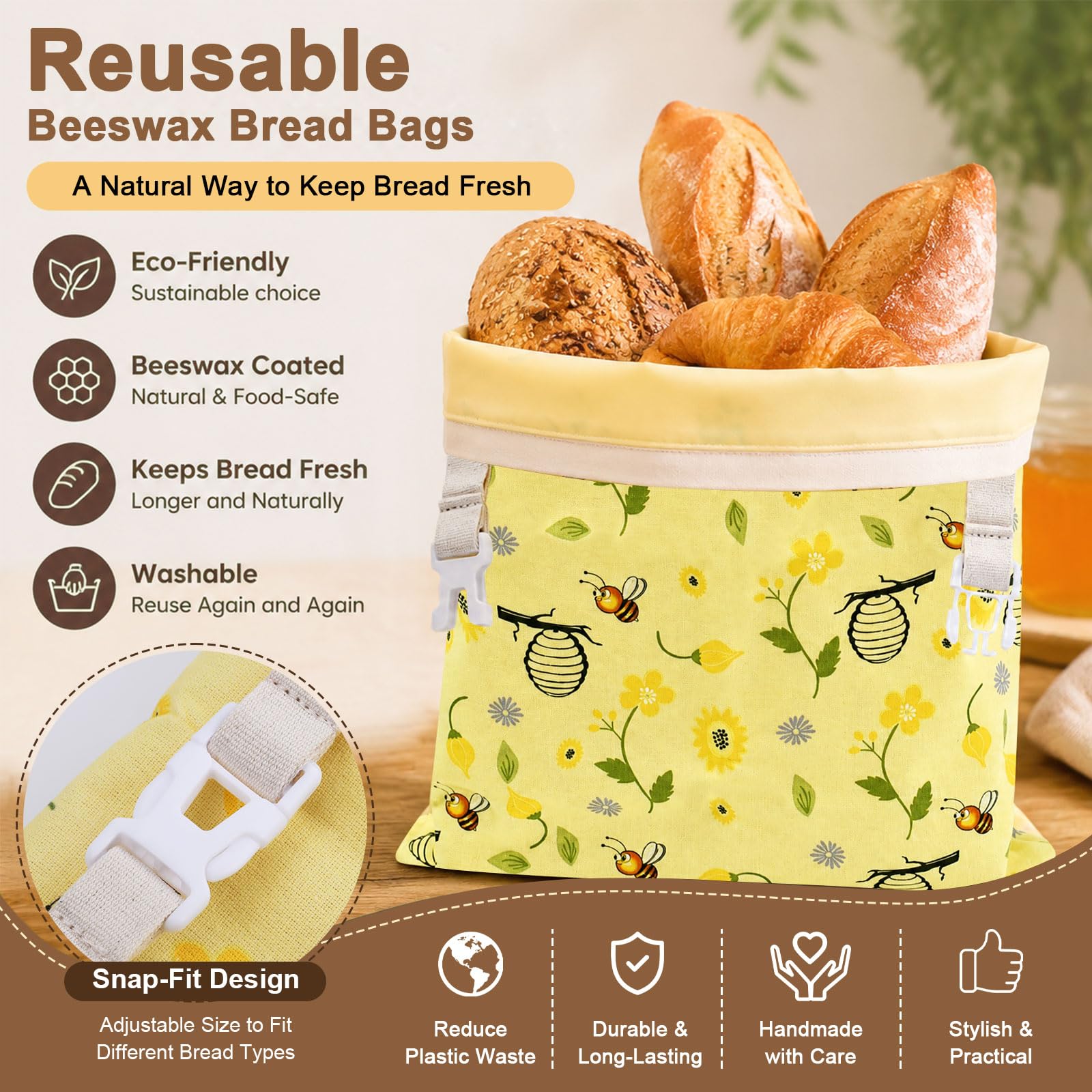 Sacchetti per il pane di cera d'api, 43×33 cm sacchetti di cotone rivestiti in cera d'api naturale, Borsa in cotone per conservare pane fatto in casa e prodotti da forno (confezione da 2)
