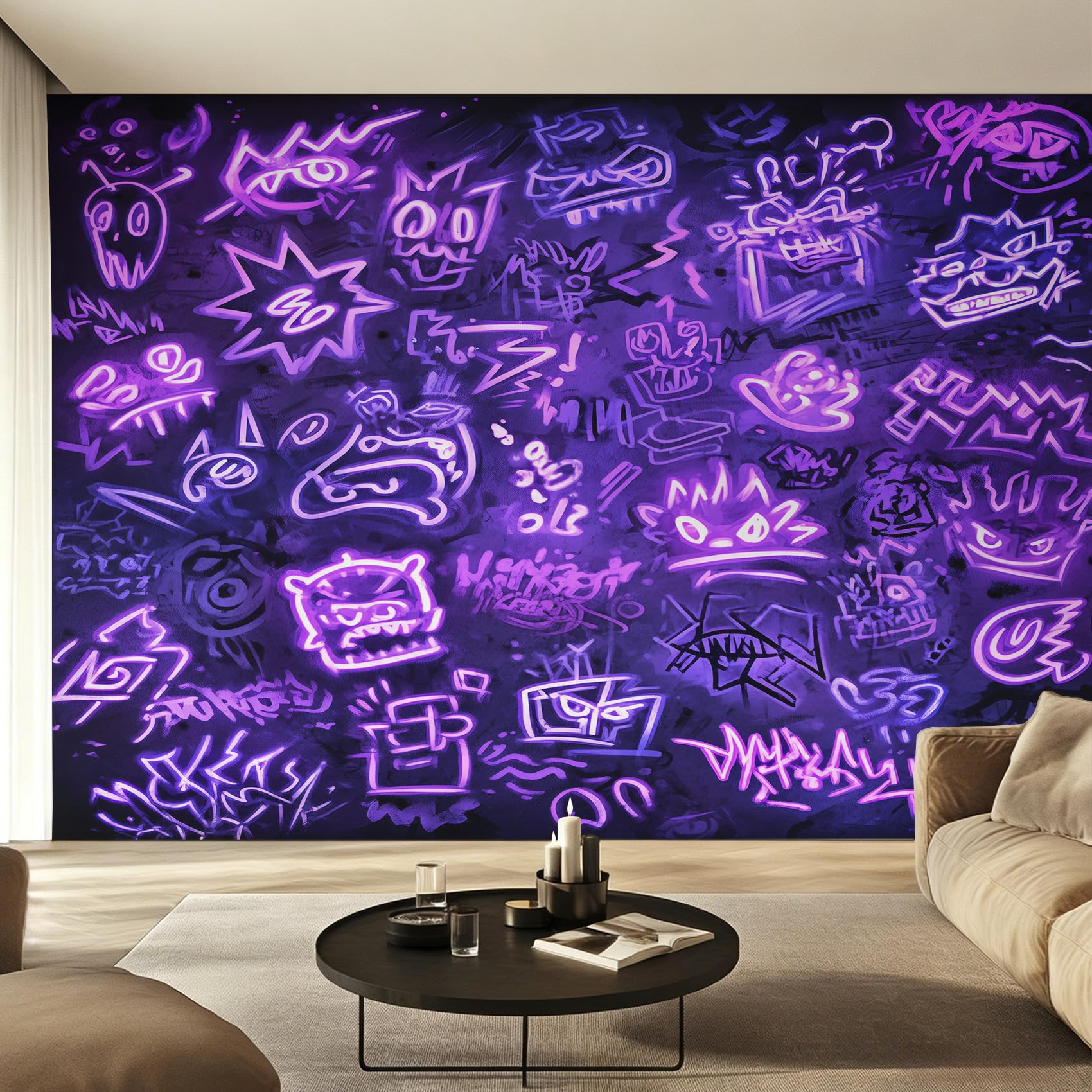 Papier peint intissé graffiti violet panoramique fresque murale néon 450x315