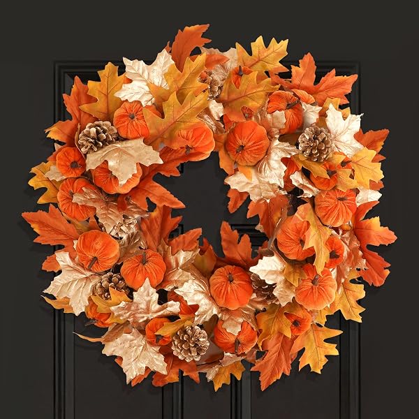 24" Fall Wreath for Front Door, Outdoor Autumn Farmhouse Decor, Pumpkin