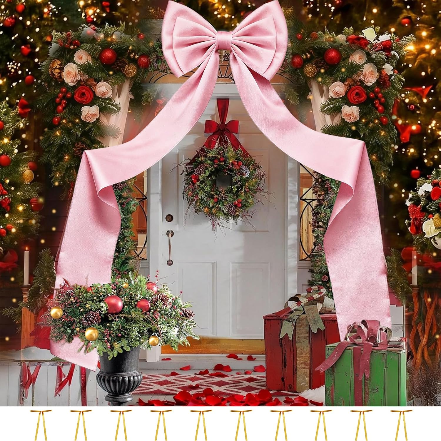Vovoir Giant Bow Decoration 75x18 Inch，Big Bow for Backdrop with 10 Pcs Satin Ribbon Bows, Large Satin Decorative Bows for Wedding Birthday Party Baby Shower Room Supplies (Pink)