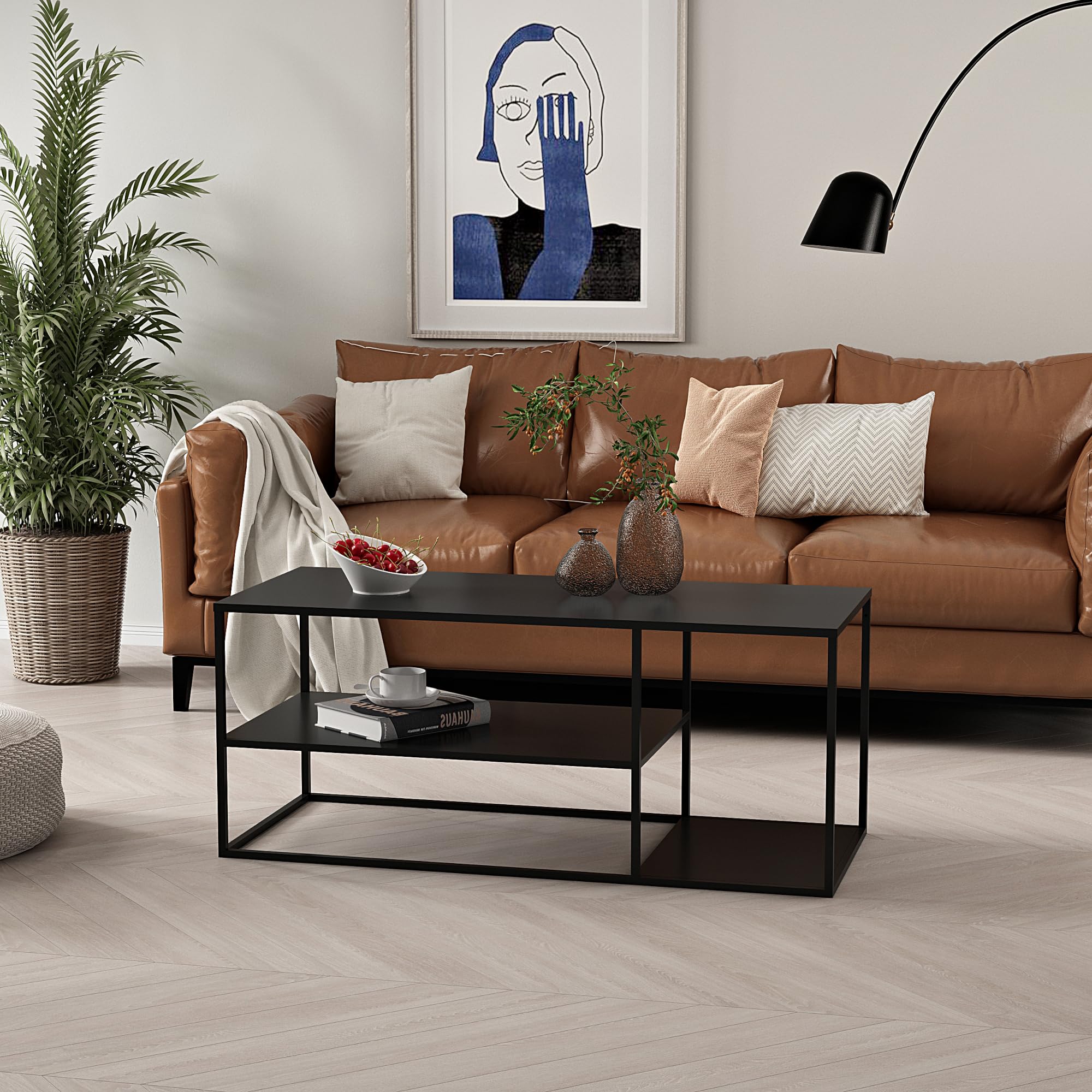 [en.casa] Tavolino Basso da Soggiorno 120 x 50 x 50 cm Tavolino Rettangolare in Accaio a 3 Piani di Appoggio Tavolino da caffè - Nero Opaco