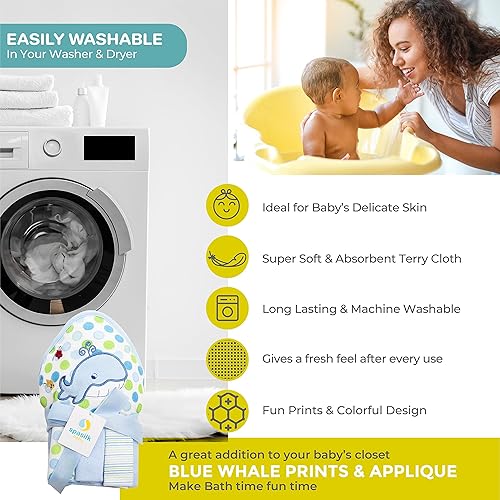 Miniatura 7 de Spasilk Toalla de felpa con capucha para bebé con 3 toallas pequeñas, artículos esenciales de baño para bebé, talla única, ballena azul