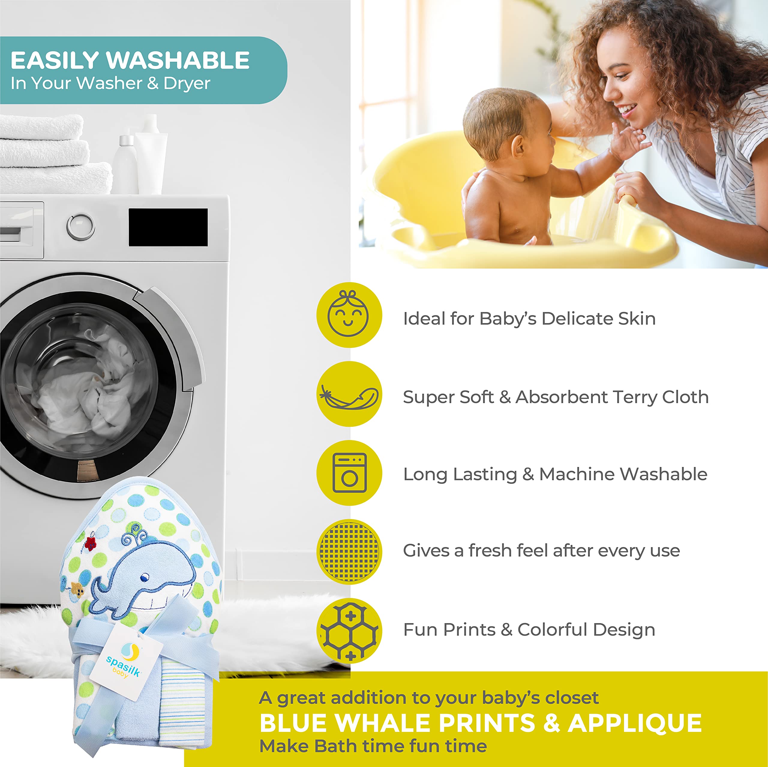 Spasilk Toalla de Rizo con Capucha para baño de bebé con 3 paños, artículos Esenciales de baño para bebé, Talla única, Ballena Azul