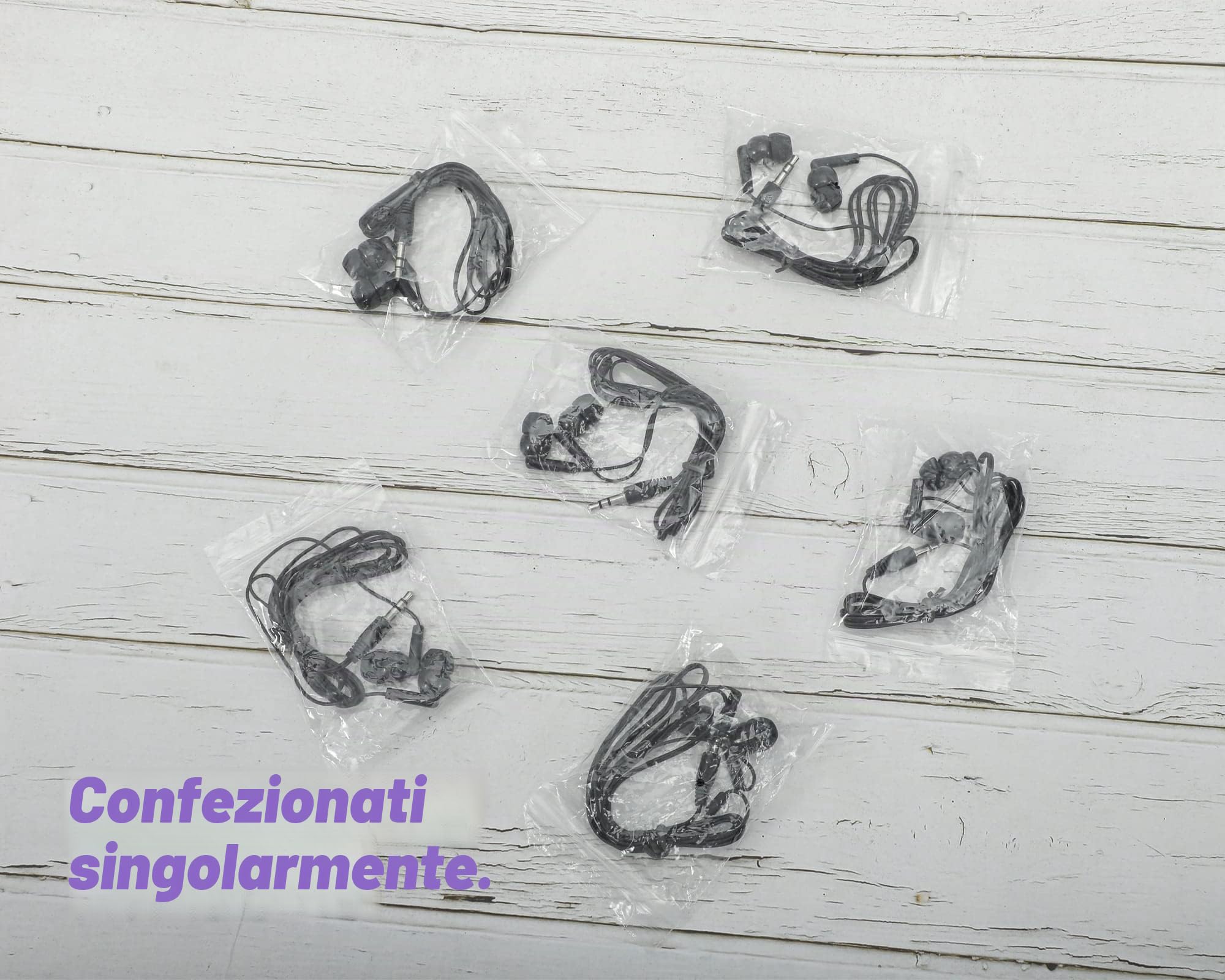 Confezione da 100 auricolari usa e getta, con cavo, colore nero, confezionati singolarmente, per scuola, viaggi o uso domestico
