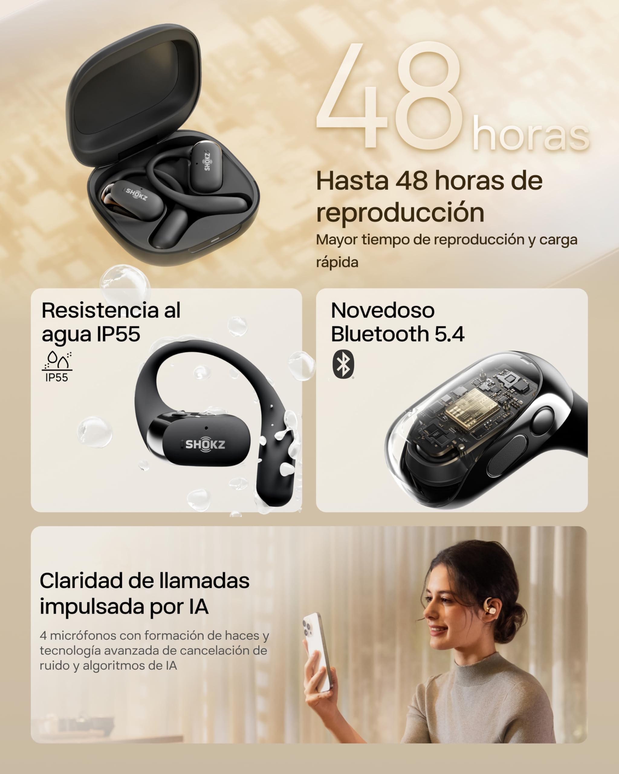 SHOKZ Auriculares Open-Ear OpenFit 2 Wireless Bluetooth, 48h Duración,Negro | Con micrófono | Auriculares de Gancho | Resistencia al Agua IP55 | Carga rápida | con Bolsa de Transporte