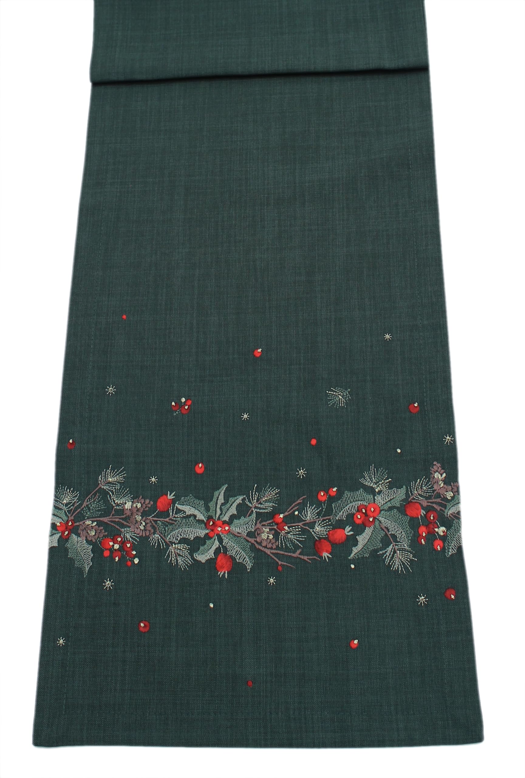 Peggy Wilkins Green/Multicolour Holly Trail Embroidered Christmas Table Runner 14”X 75”