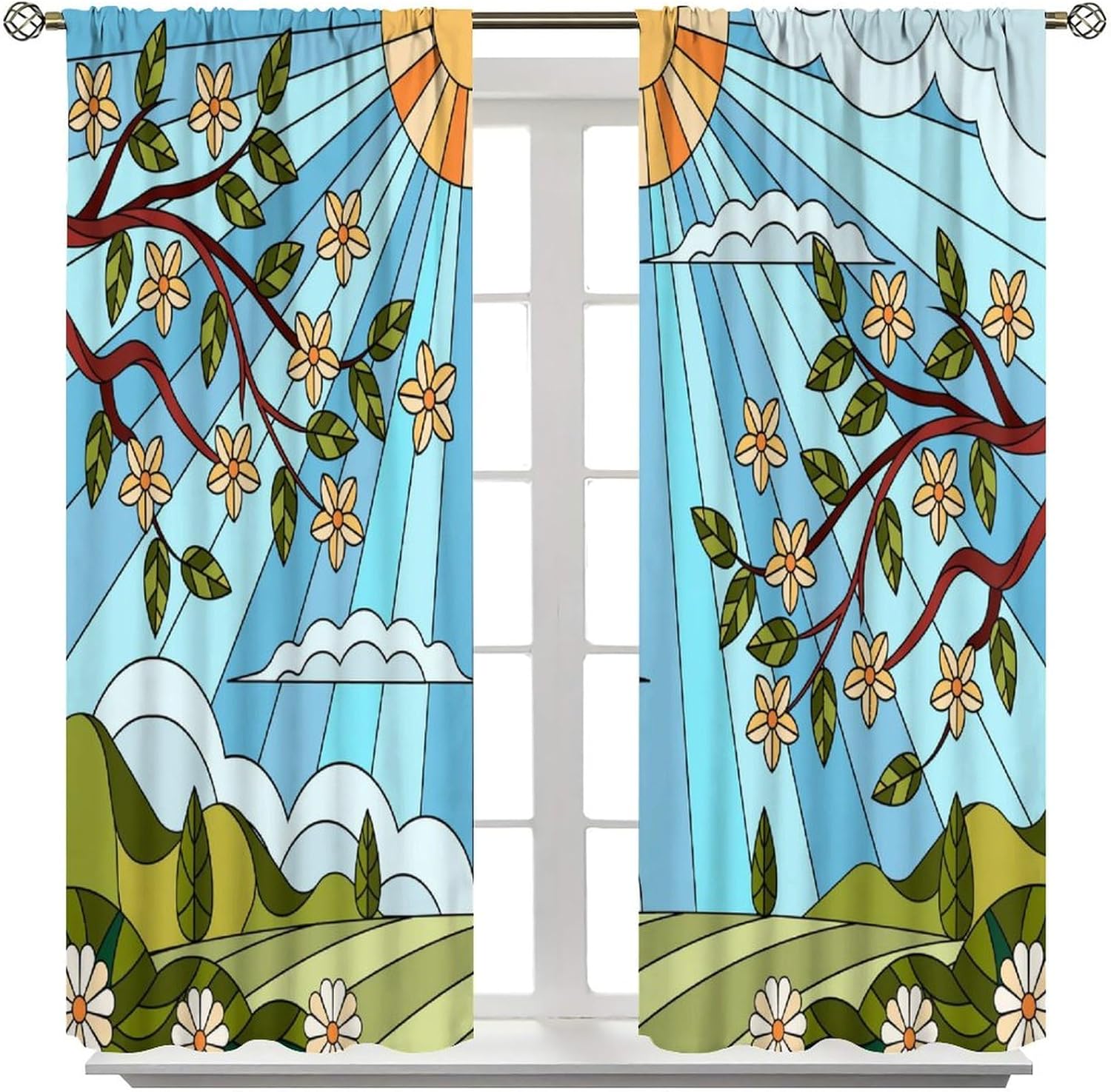 Geometry Stained Glass Drapes for Kitchen Bedroom Bathroom Sun Tree Flowers Floral Window Treatments, Blue Yellow Green Colorful Modern Curtains 2 Panels 42x45 Inch