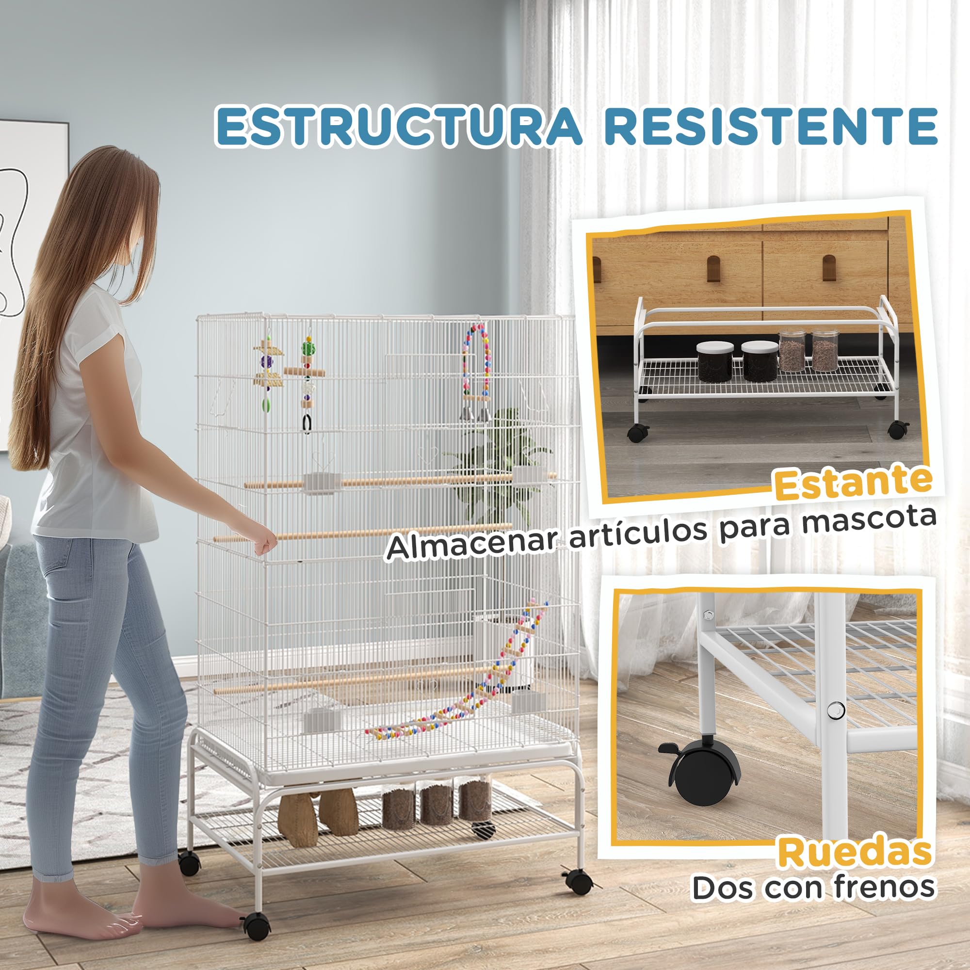 PawHut Jaula para Pájaros con Ruedas Grande con Soporte 79x49x133 cm Blanco