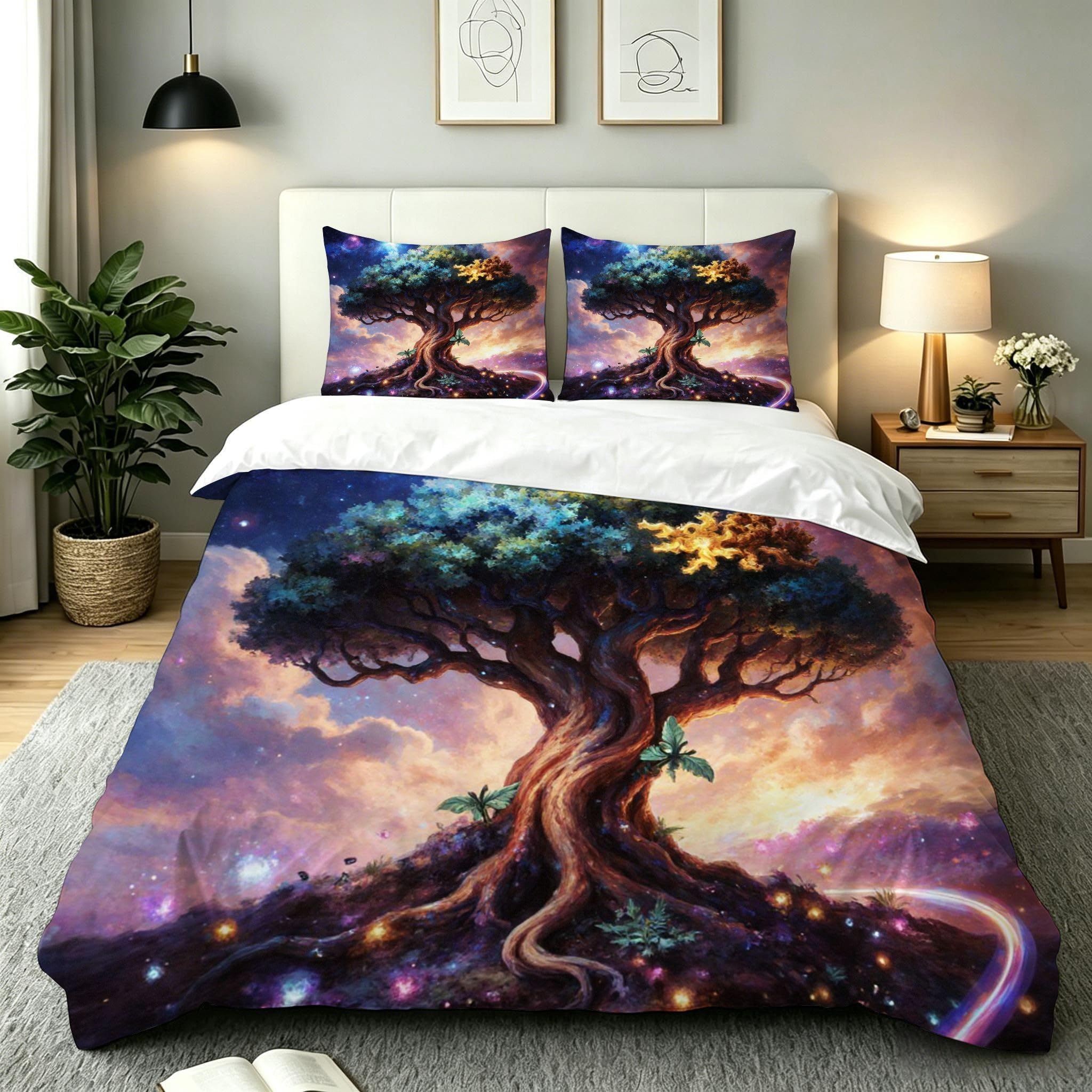 Parure de couette 220x240 pour lit 2 personnes avec motif grand arbre aux nuages et 2 taies