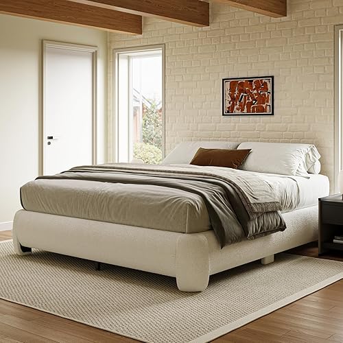 Cloud Bed Frame King Size, Soft Boucle Bed Frame with Round Corner, Upholstered King Size Bed Frame with Heavy Duty Wood Slat, No Box Spring Needed, Easy Assembly, White