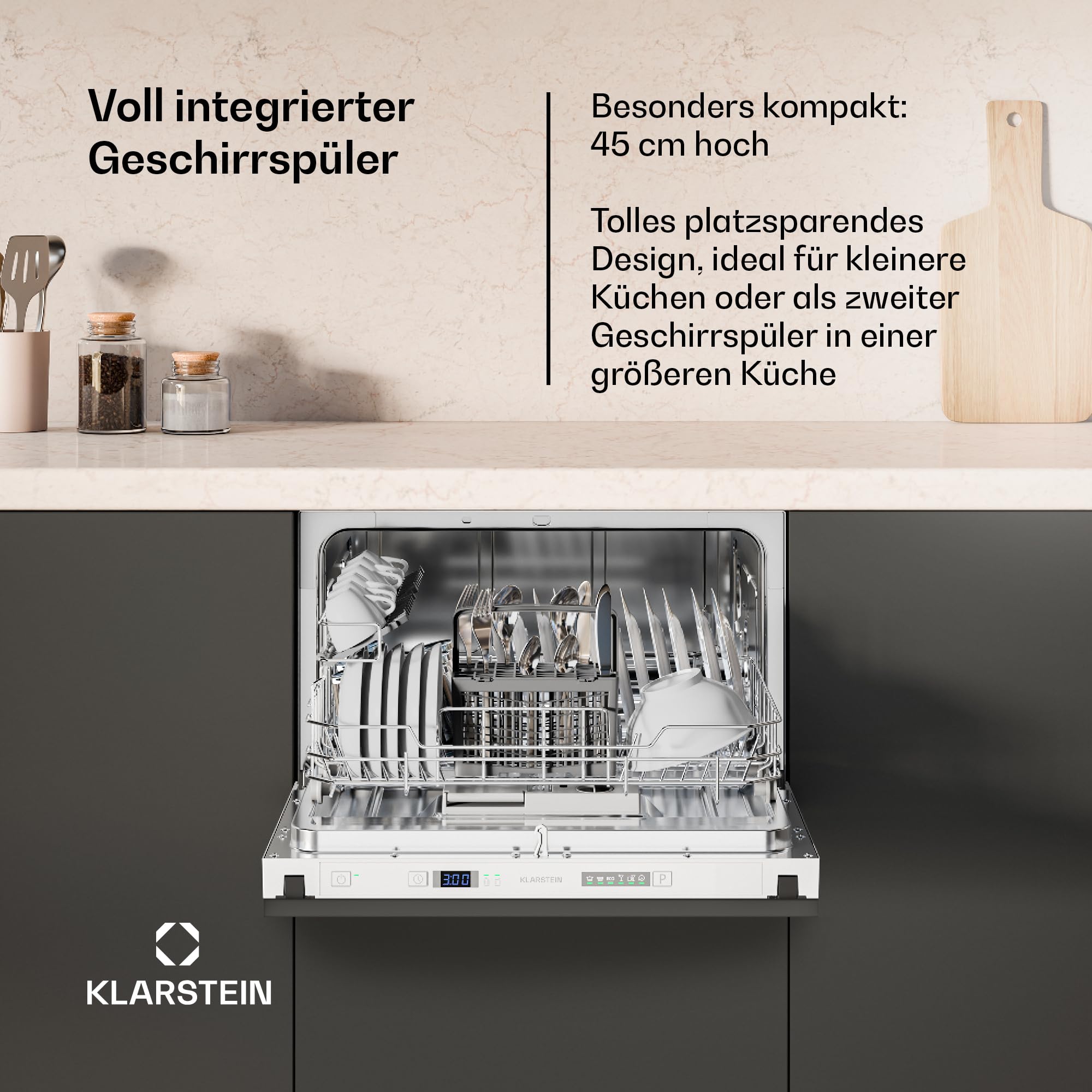 Klarstein Einbau-Geschirrspüler - Kompaktes 45-cm-Modell, 6 Gedecke, UV-Hygiene, AquaStop, Energieeffizienzklasse D, Leise 49 dB, Intuitive Bedienung