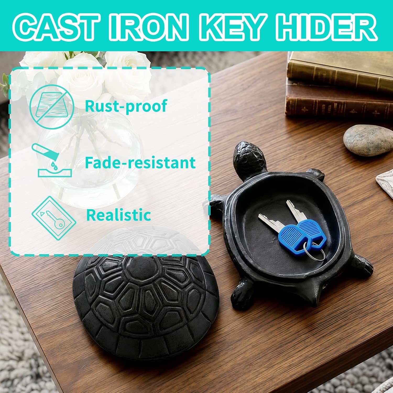 Spare Key Hiders Outside Cast Iron Turtle Key Holder Waterproof Key Hiders to Hide a Key Securely for Outdoor, Yard & Patio Hide a Key and Garden Decor, Black
