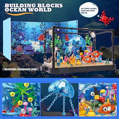 Miniatura 3 de Bloque de construcción de pecera, juegos de construcción de acuarios de iluminación para adultos y niños, incluyendo medusas oceánicas, delfín,