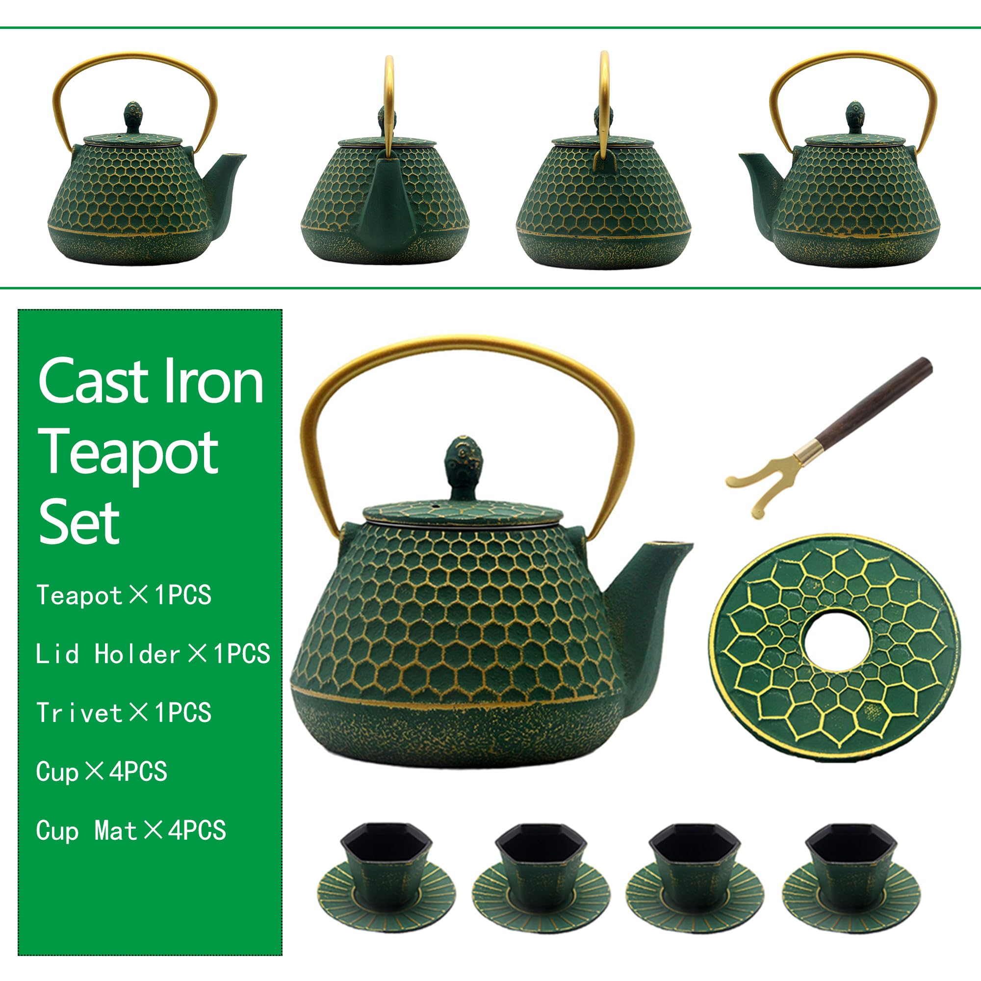 Juego de tetera de hierro fundido, juego de tetera hexagonal de 33.8 onzas con tazas y alfombrillas para tazas, tetera recubierta con interior esmaltado, juego de tetera de hierro fundido duradero con