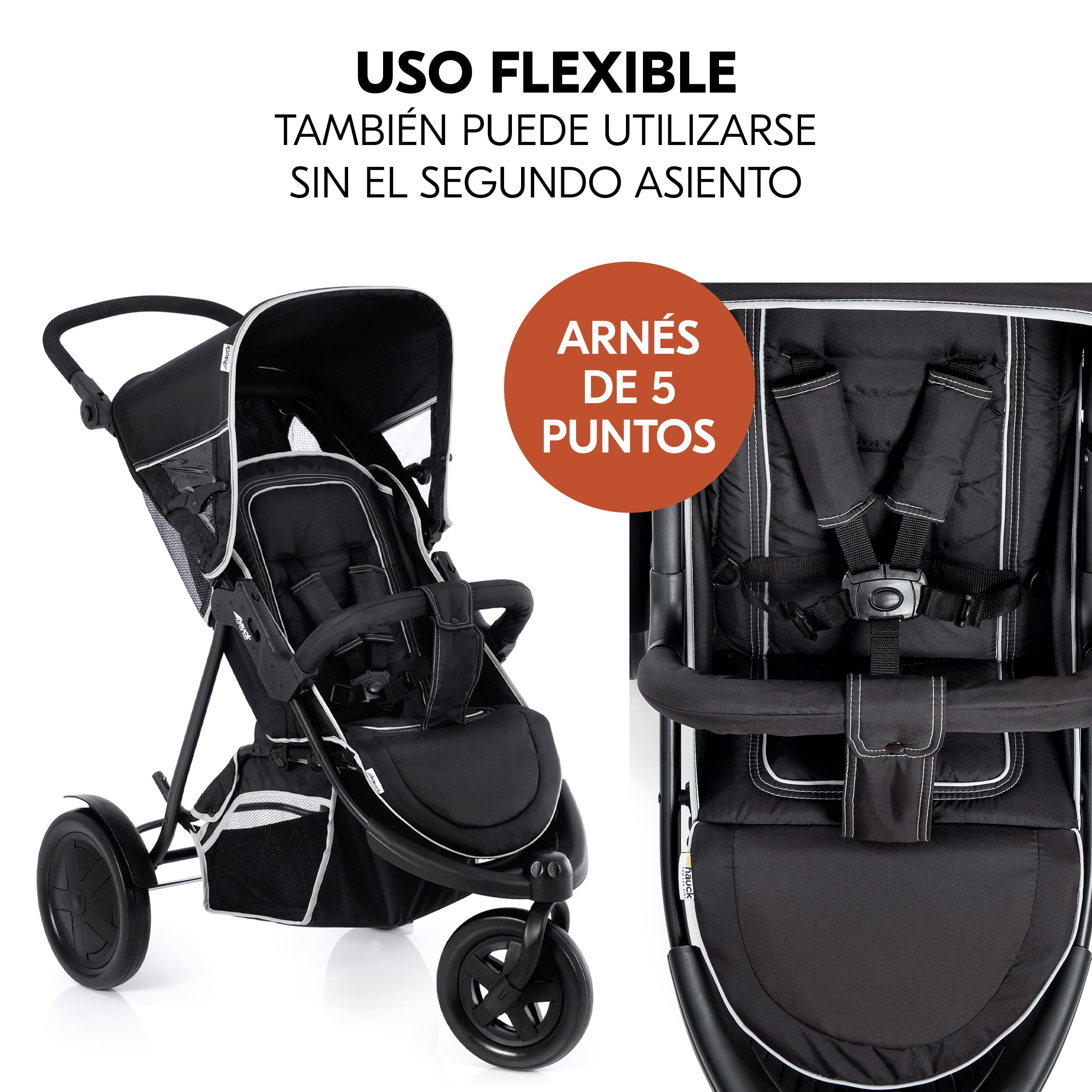 hauck Freerider Carro Gemelar Reclinable, Silla de Paseo Gemelar Plegable, Carrito Gemelos Ligero, Asientos Desmontables, Arnés 5 Puntos, Ruedas Grandes, hasta 30 kg, Negro