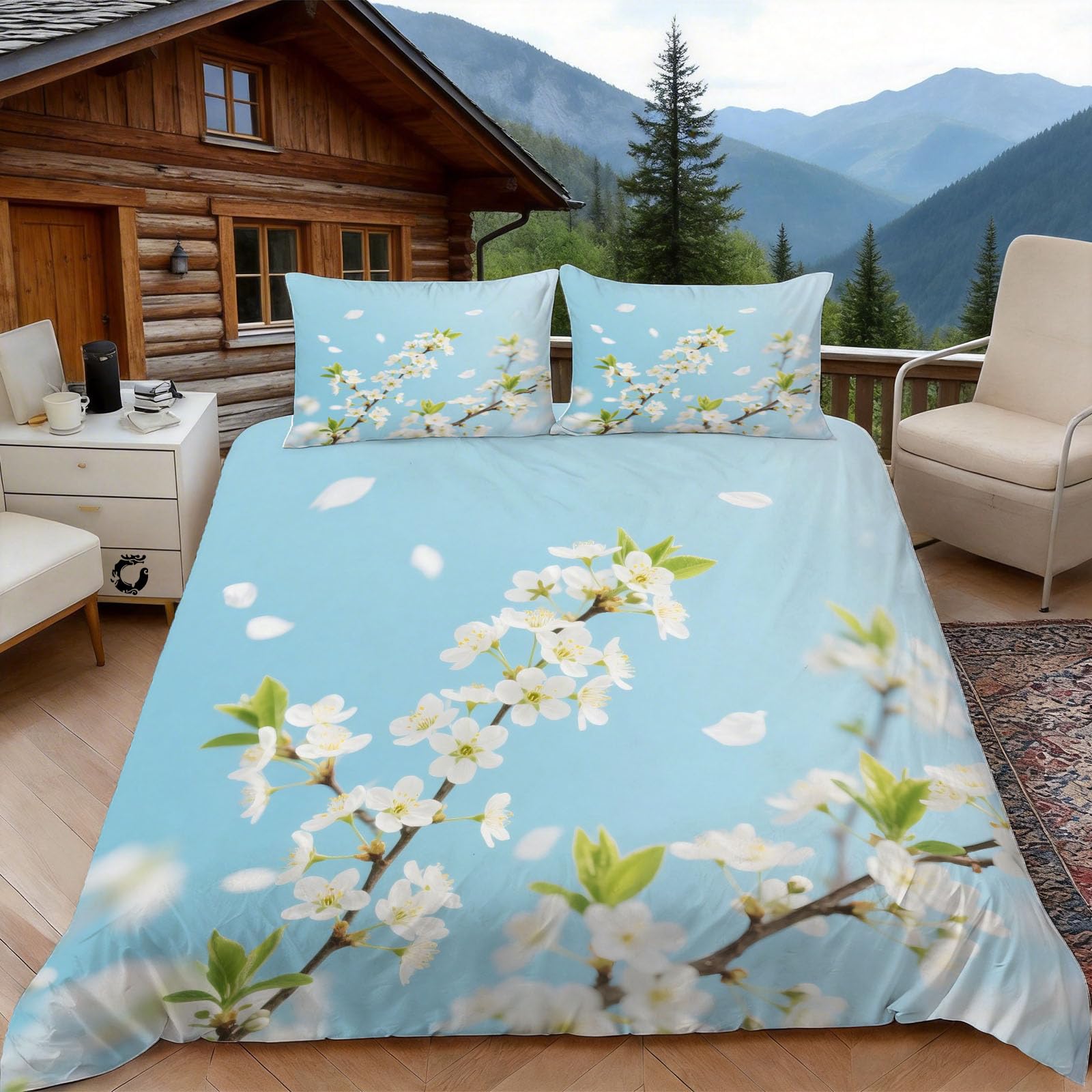 Housse de couette 220x240 blanche avec imprimé nature fleur de poirier pour lit deux personnes