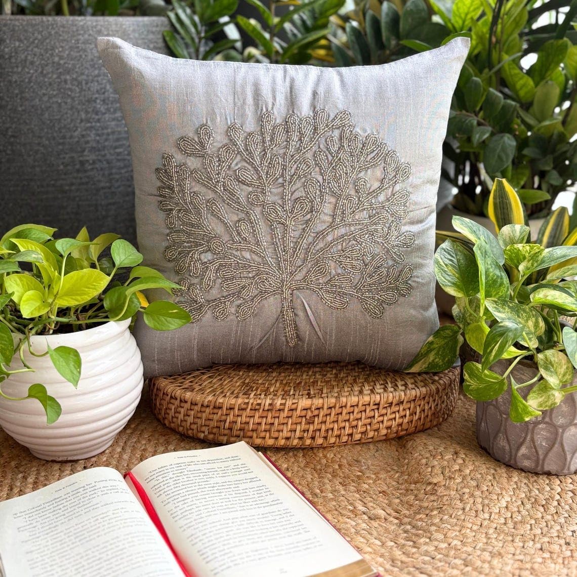 The HomeCentric Euro Pillow Sham, Silver Euro Size Pillow Covers 26x26 inch (65x65 cm) Silk European Pillow Covers, Nature & Floral, Tree, Beaded, Modern Euro Shams Easter - The Silver Tree