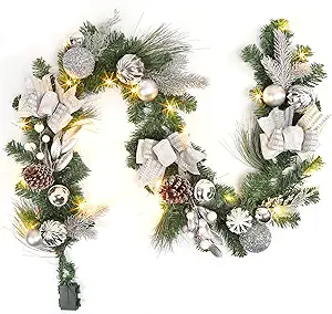 GarveeHome 6 Ft Pre-Lit Christmas Garland with Lights, Battery Operated Xmas Garland with 20 Lights Ball Ornaments Ribbons Bows for Mantle Table Centerpiece Indoor Outdoor Home Decor, Silver
