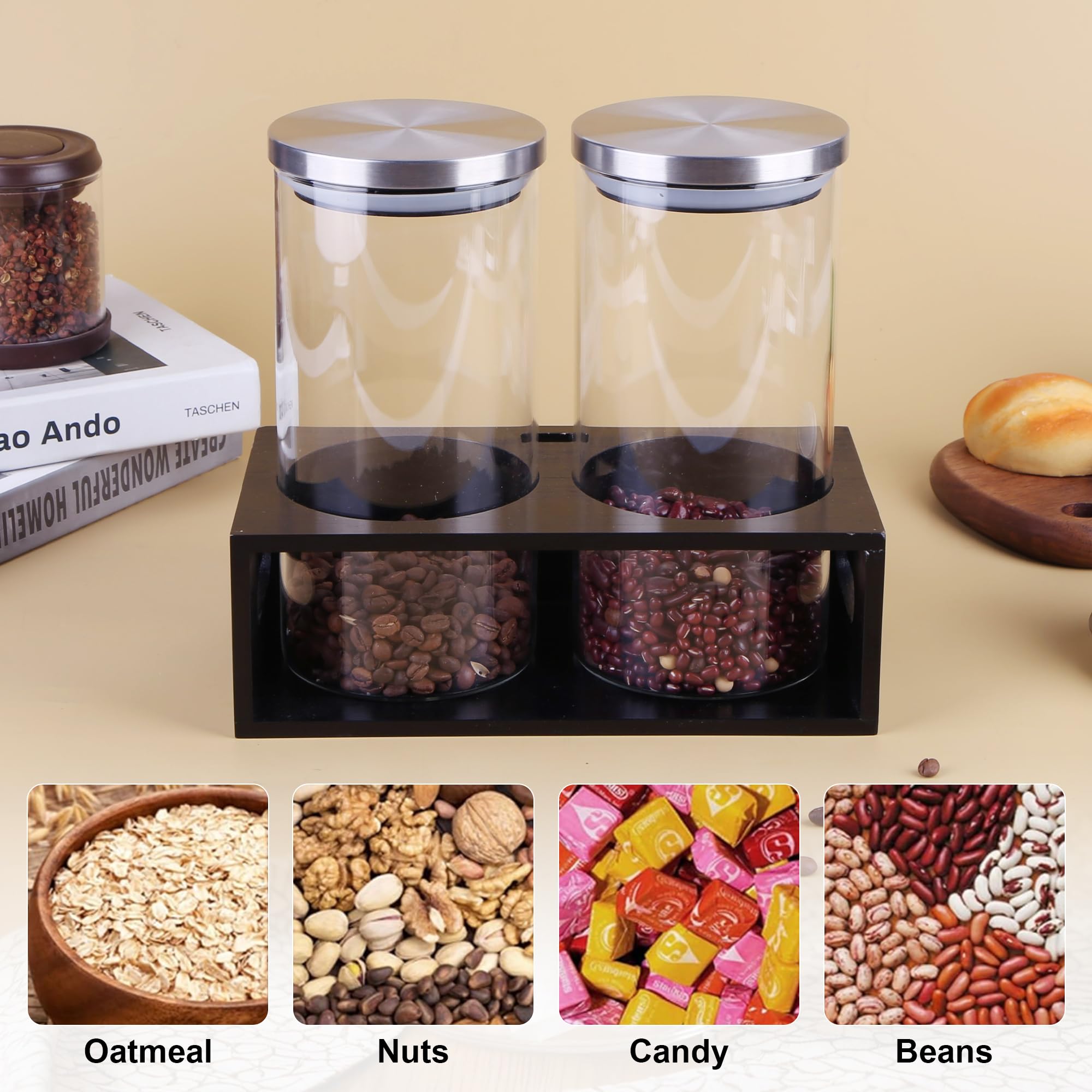 Luftdichtes Kaffeebohnen-Behälter-Set, Glas-Kaffeedosen mit Schaufel und Ablage, klare gemahlene Kaffee-Vorratsdosen mit Deckel für Kaffeebar, Zucker, Tee, Nüsse und Küchenarbeitsplatte, 2 ×