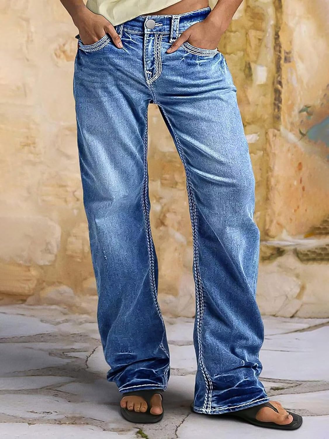Flamingals Wide Leg Jeans for Women Mid Waist Baggy Stitch Decor Denim Washed Pants Without Belt