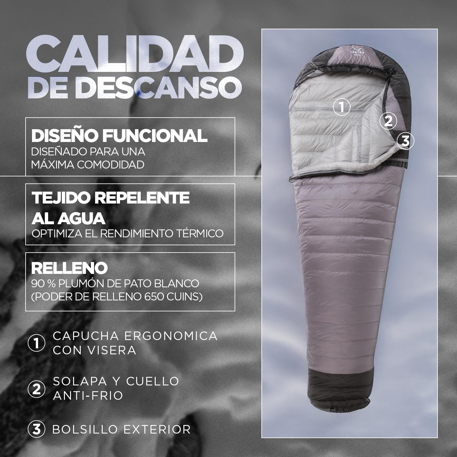 Lestra Sport - Alaska - Saco de Dormir Frío Extremo - T° Límite Confort -09 °C - Plumón de Pato - Adulto - 220 x 80 cm - 1,2 kg