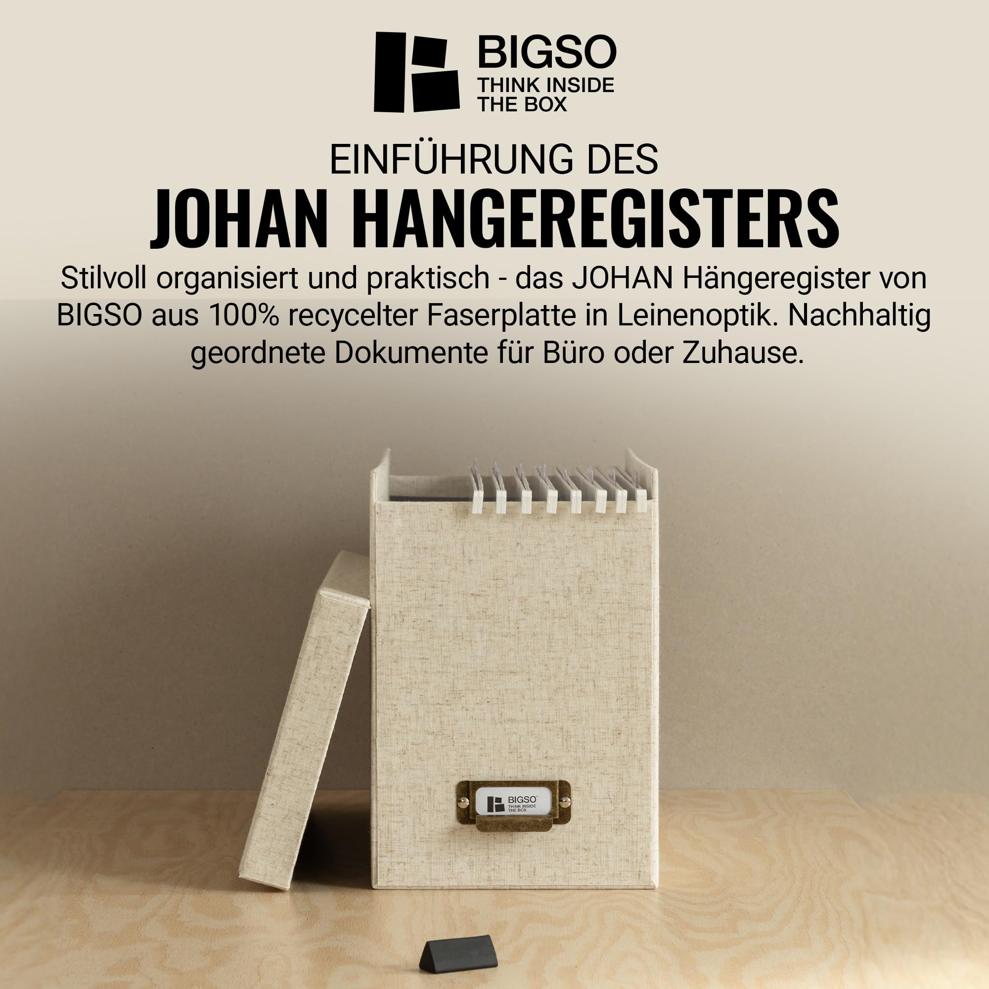 BIGSO JOHAN Hängeregisterbox A4 – Hängemappenbox mit Deckel und Griff – Schreibtischablage für Hängemappen & Dokumente – Aufbewahrungsbox aus recycelter Faserplatte und Papier – Leinen