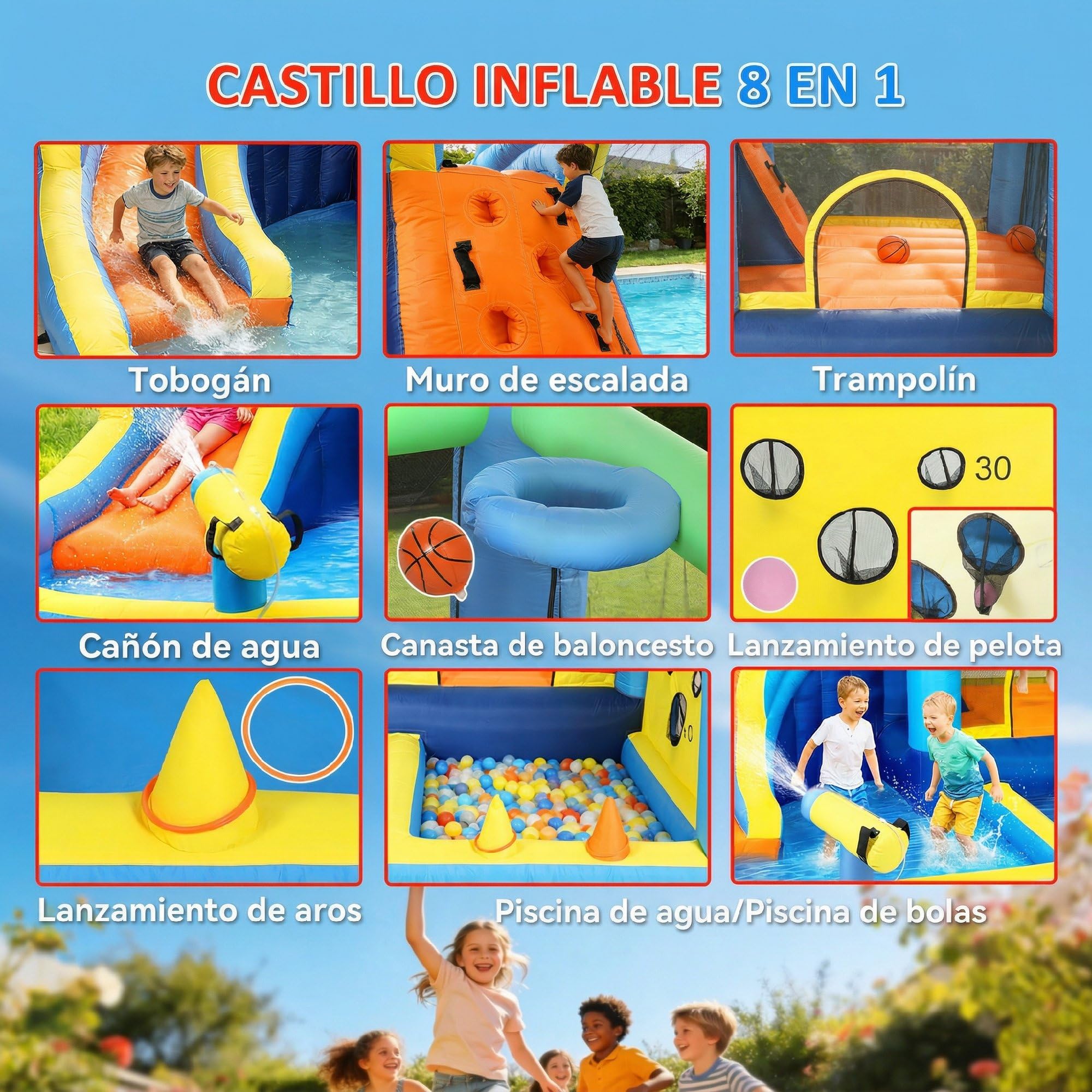 AIYAPLAY Castillo Hinchable Acuático 8 en 1 Soplador 550W Castillo Hinchable Niños con Tobogán Extralargo Seco/Mojado Zona de Salto Escalada Canasta Lanzamiento de Aros Exterior Interior 350x320x190cm