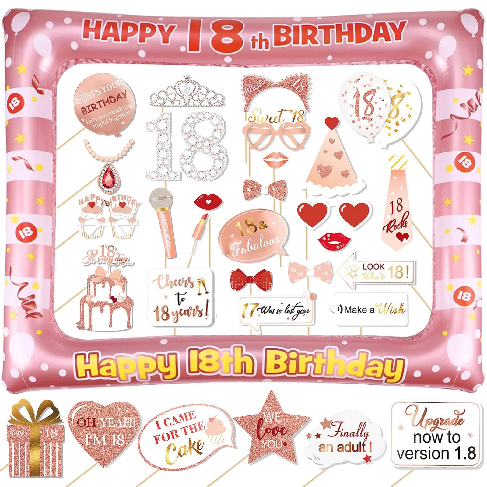 Yiiigoood Pink Rose Gold 18Th Birthday Inflatable Photo Booth Selfie Frame & Props Set Giant Selfie Photo Booth Picture Frame Photo Props Blow Up Photo Frame For 18 Years Old Birthday Party Decoration Supplies
