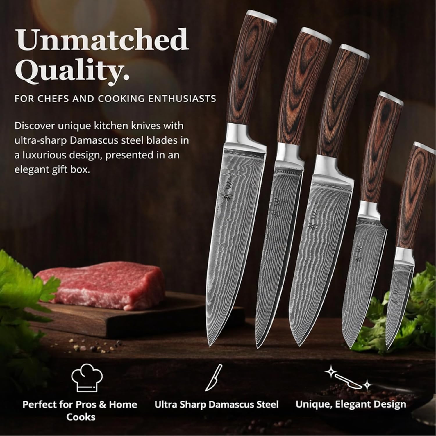 Wakoli EDIB 5-Piece Damascus Knife Set, Professional Kitchen Knives made of 67-Layer Damascus Steel with VG10 Core Blades, Ergonomic Pakkawood Handles, In Wooden Gift Box - Image 2