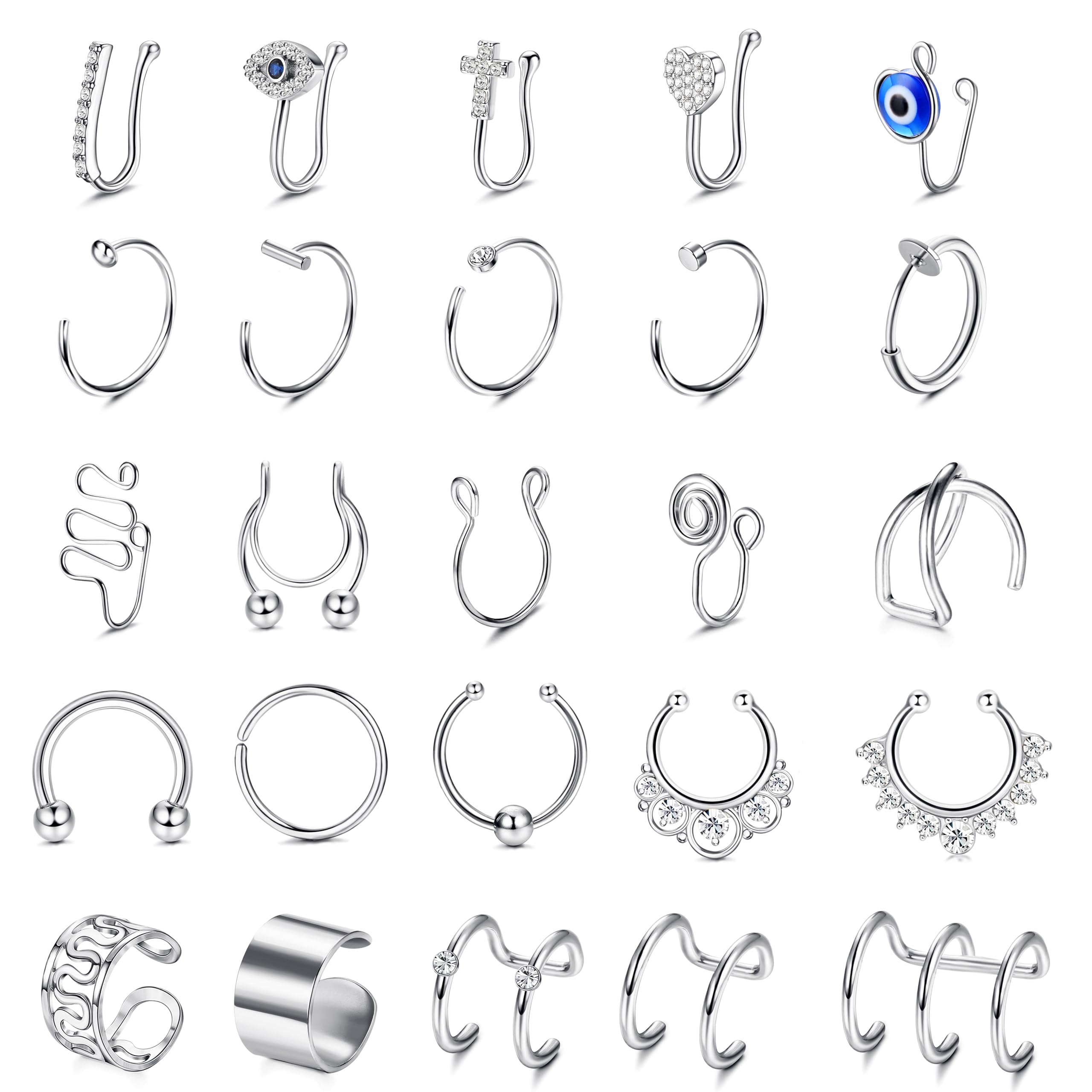 JeweBella 25 Piezas Falso Piercing Nariz Aro Acero Inoxidable Falso Piercing Septum Aro Falso Piercing Labio Plata/Oro/Negro/Oro Rosa para Mujer Hombre