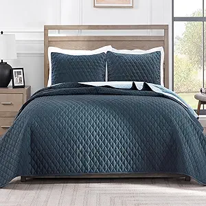Exclusivo Mezcla Reversible Full Queen Quilt Bedding Set with Pillow Shams, Lightweight Quilts Queen Size, Soft Bedspreads Bed Coverlets for All Seasons - (Navy Blue, 90"x96")