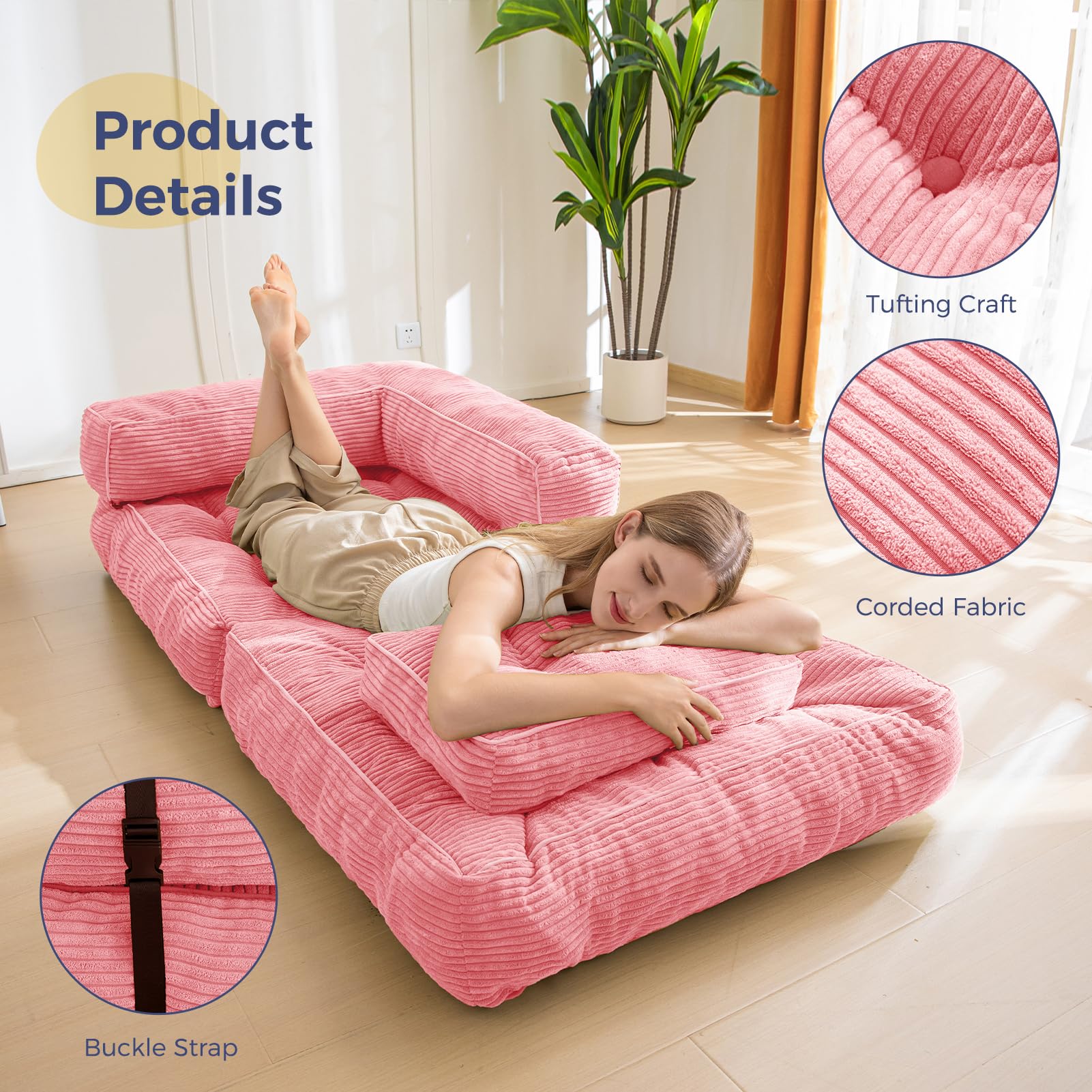 MAXYOYO Faltbares Schlafsofa,Cord Umwandelbarer Sofa Bett Schlafsessel mit Kissen,160x80 cm Komfortable Schlafcouch Bodensofa-Lounge für Schlafzimmer Wohnzimmer